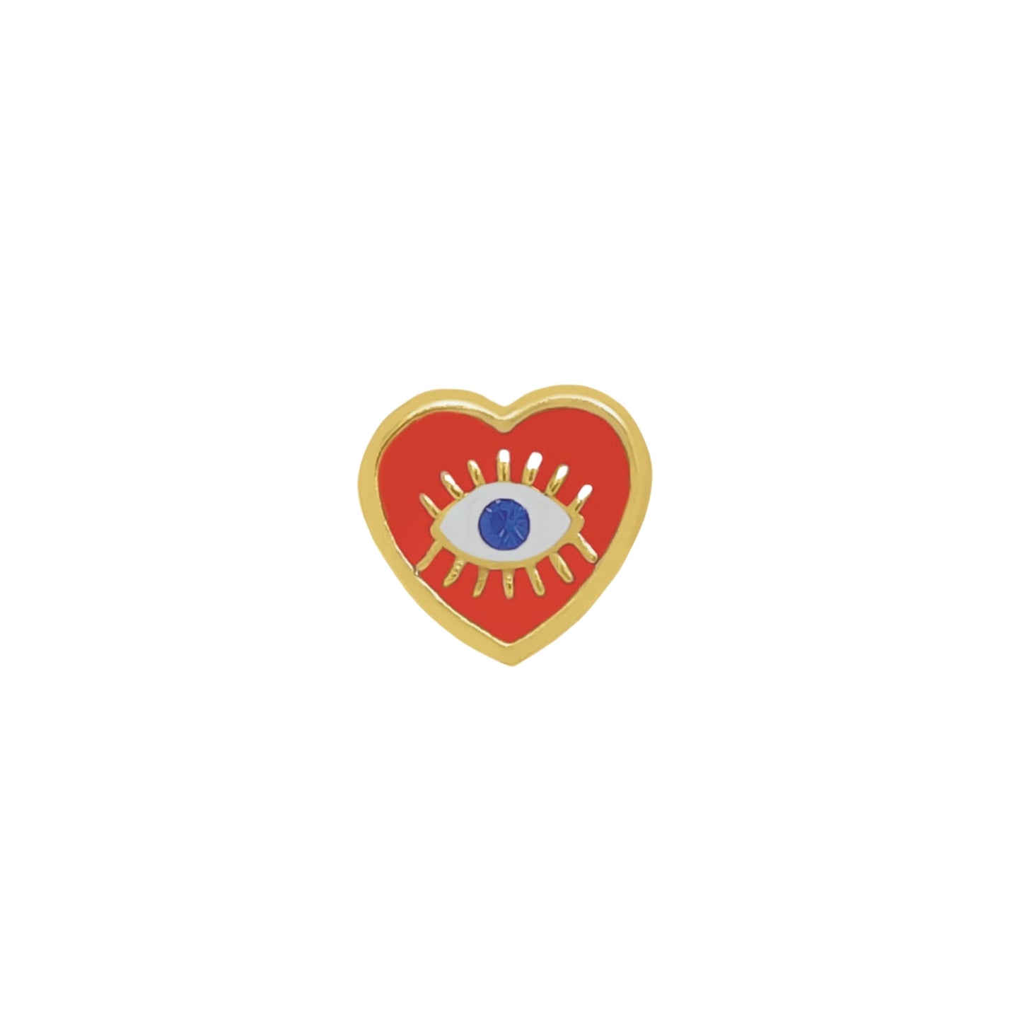 Aretes Oro 10K Broquel Corazón Rojo Ojo Esmaltado Zirconia Azul