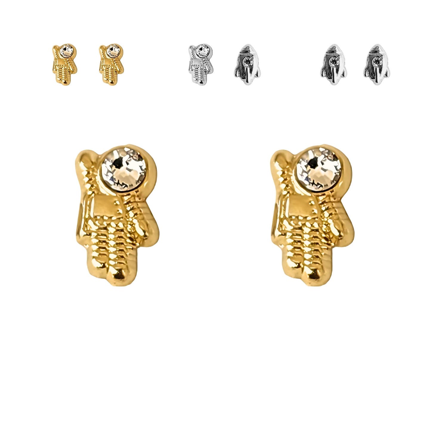 Aretes Astronauta y Cohete Oro 10k Con Zirconia, Tipo Broquel