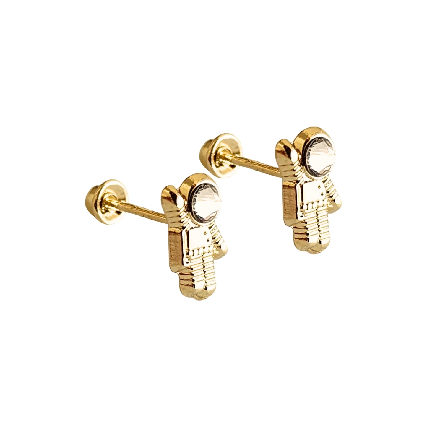 Aretes Astronauta y Cohete Oro 10k Con Zirconia, Tipo Broquel
