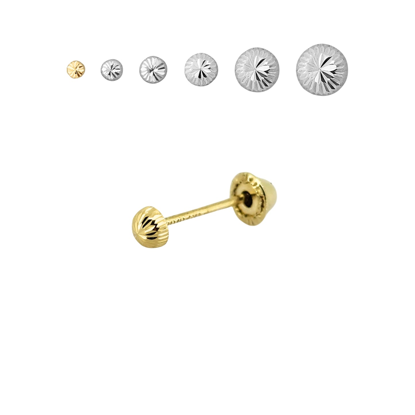 Aretes Oro 10K Broquel Hongo Diamantado Tamaño a Elegir de 2.5 a 7 mm