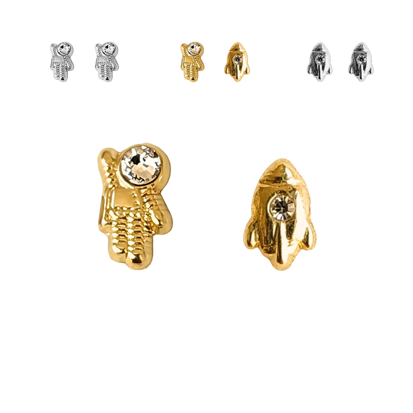 Aretes Astronauta y Cohete Oro 10k Con Zirconia, Tipo Broquel