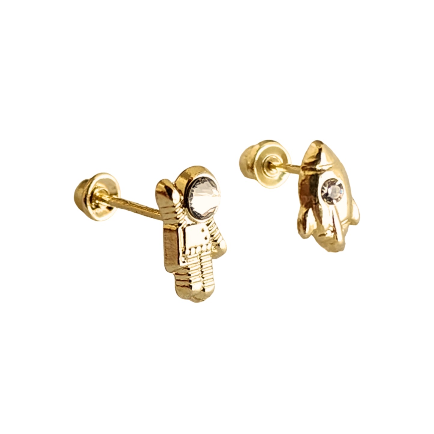 Aretes Astronauta y Cohete Oro 10k Con Zirconia, Tipo Broquel