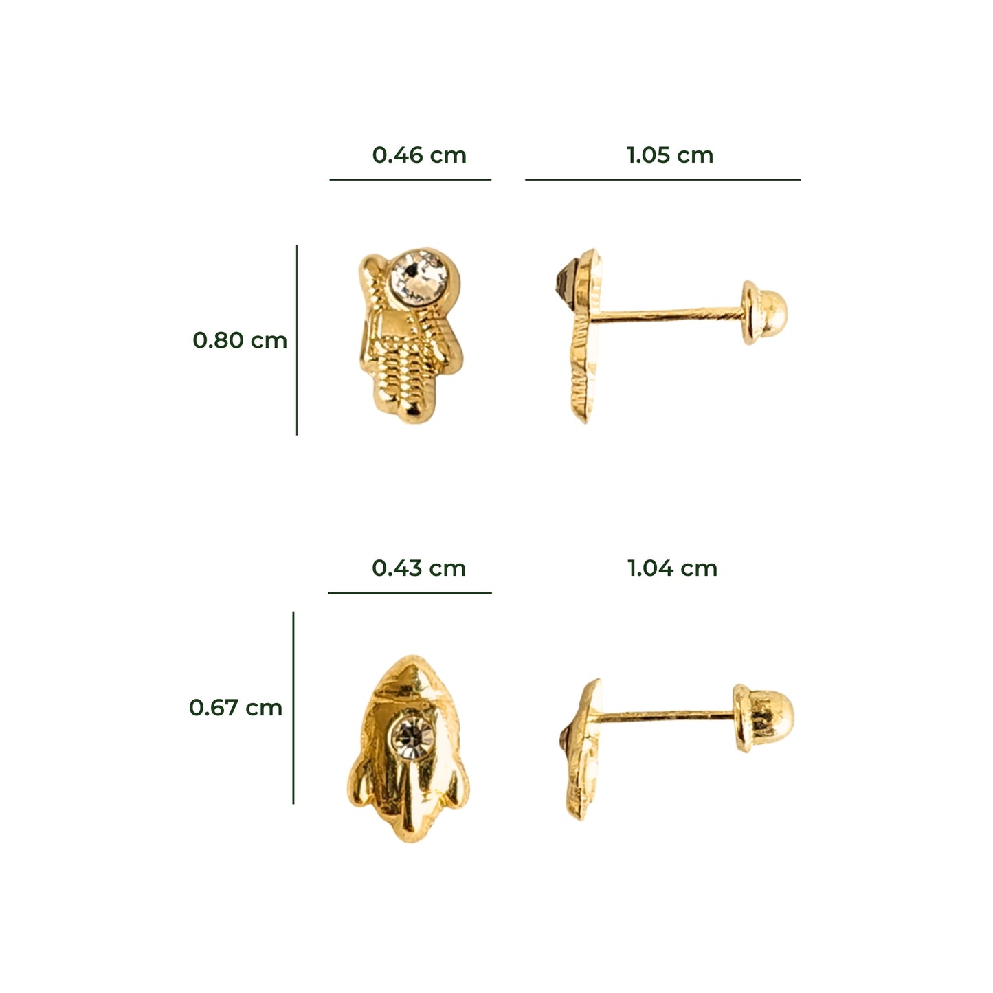 Aretes Astronauta y Cohete Oro 10k Con Zirconia, Tipo Broquel