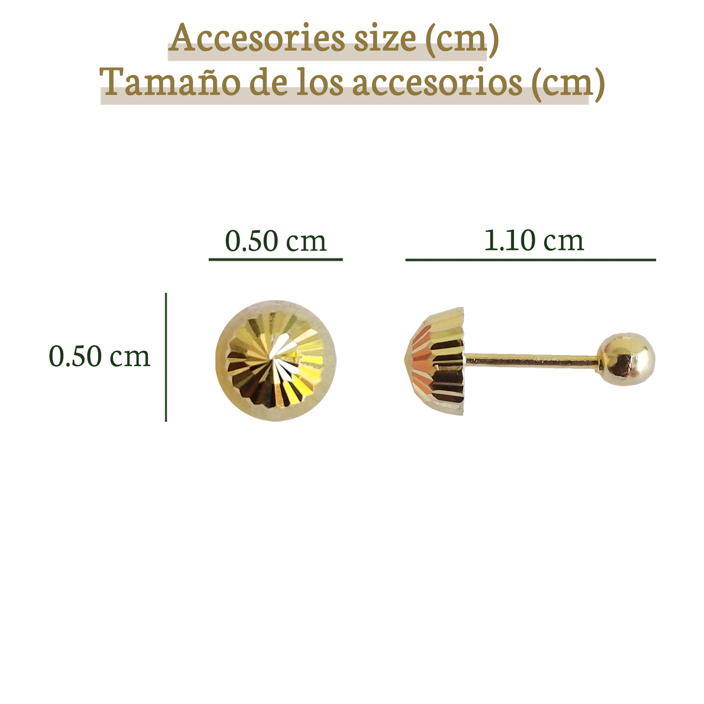 Aretes Hongo Media Esfera Bola Diamantado M, Oro 10K Tipo Broquel