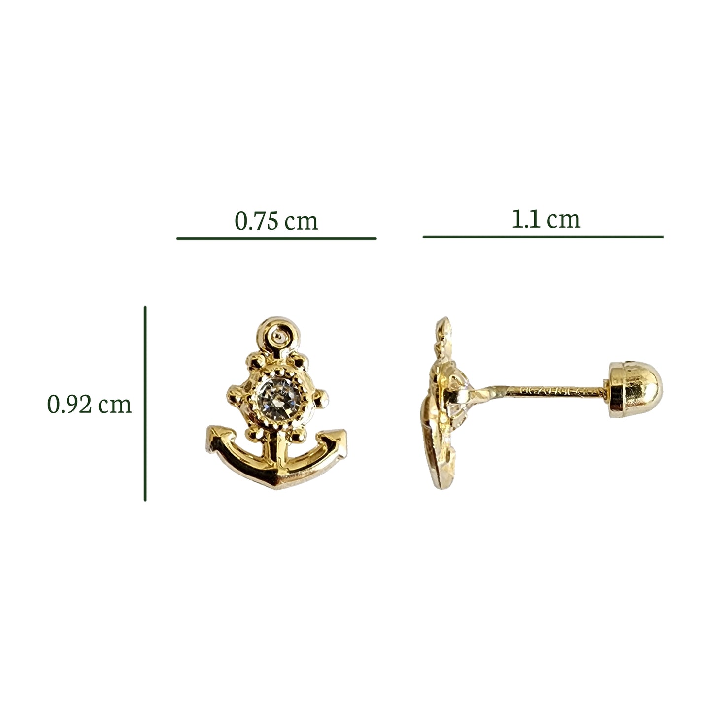 Aretes Ancla con Zirconia, Oro 10k Tipo Broquel