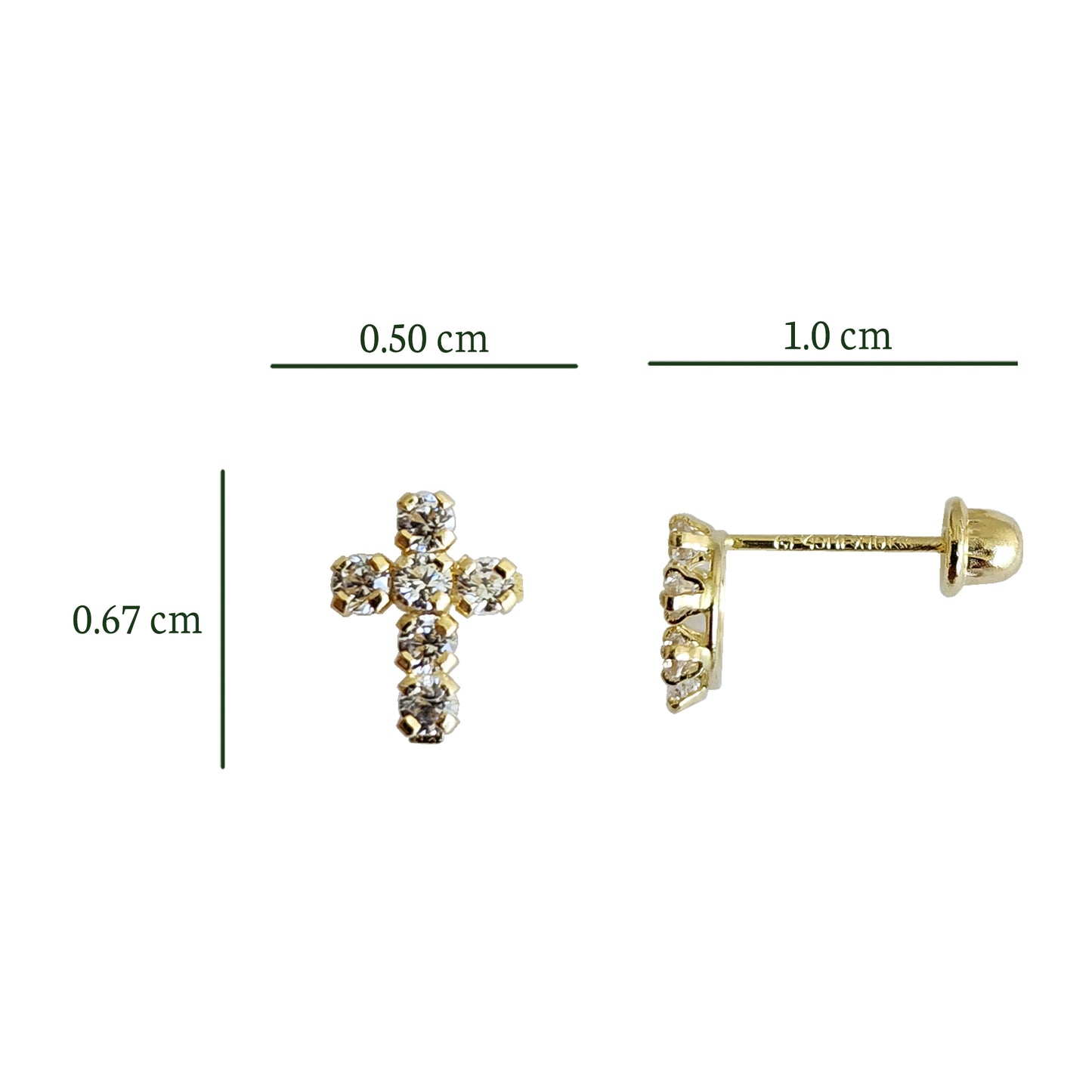 Aretes Cruz Zirconias Mini, Oro 10k Tipo Broquel