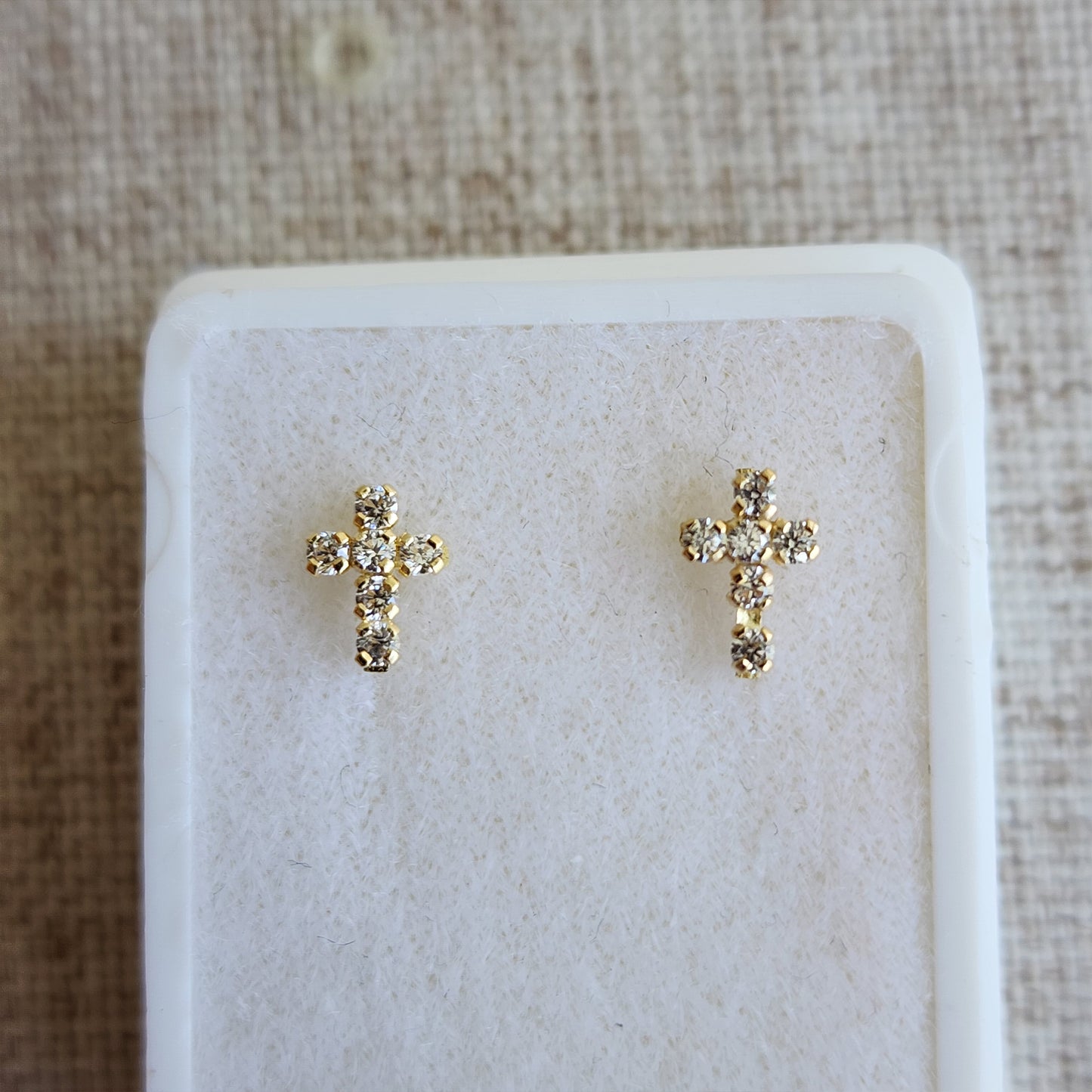Aretes Cruz Zirconias Mini, Oro 10k Tipo Broquel