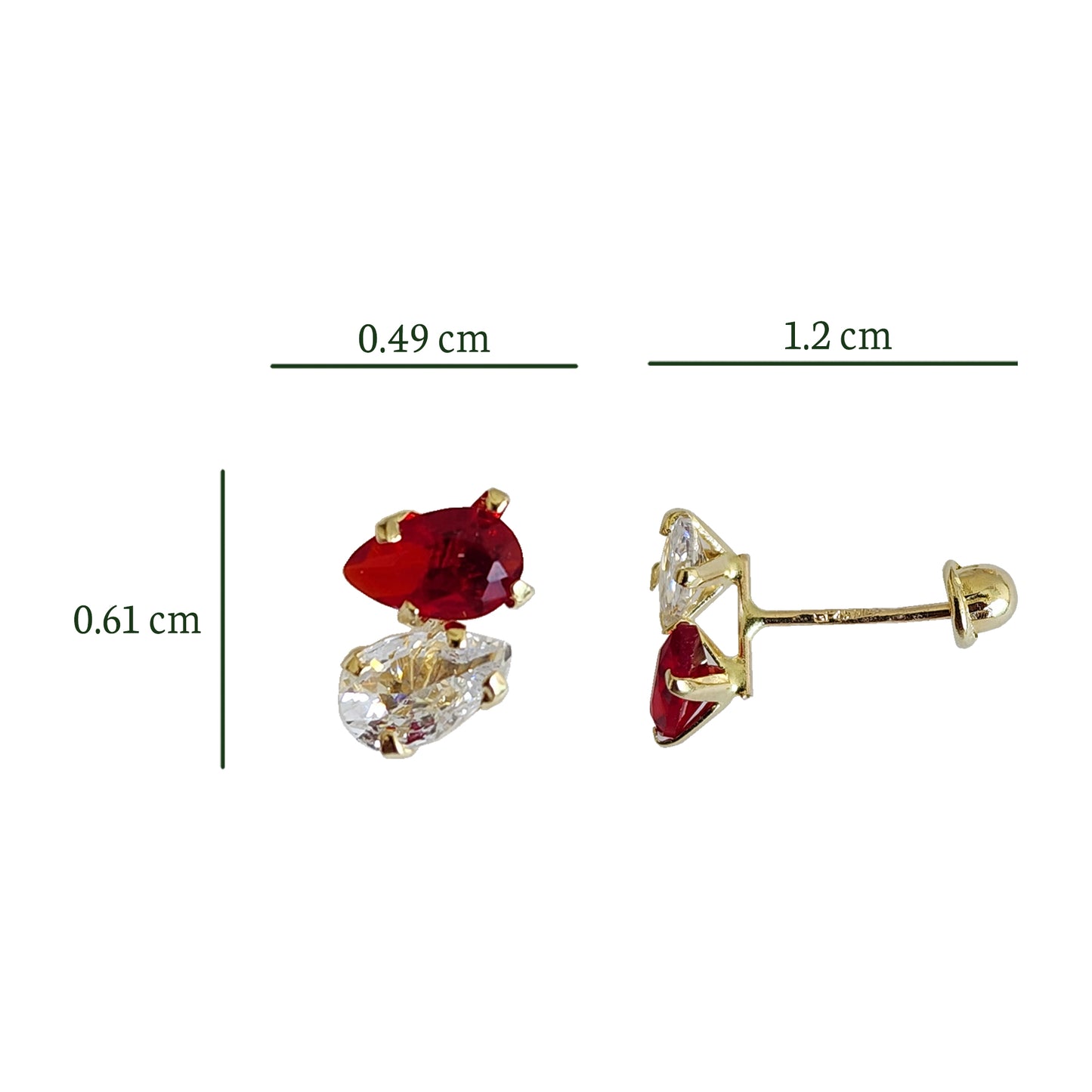 Aretes 2 Zirconias Gota Con Rojo, Oro 10k Tipo Broquel