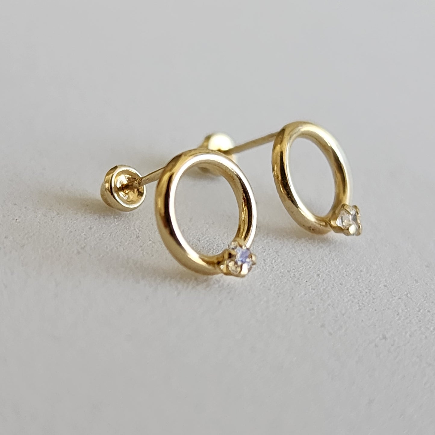 Aretes Aro Liso Zirconia #2, Oro 10k Tipo Broquel