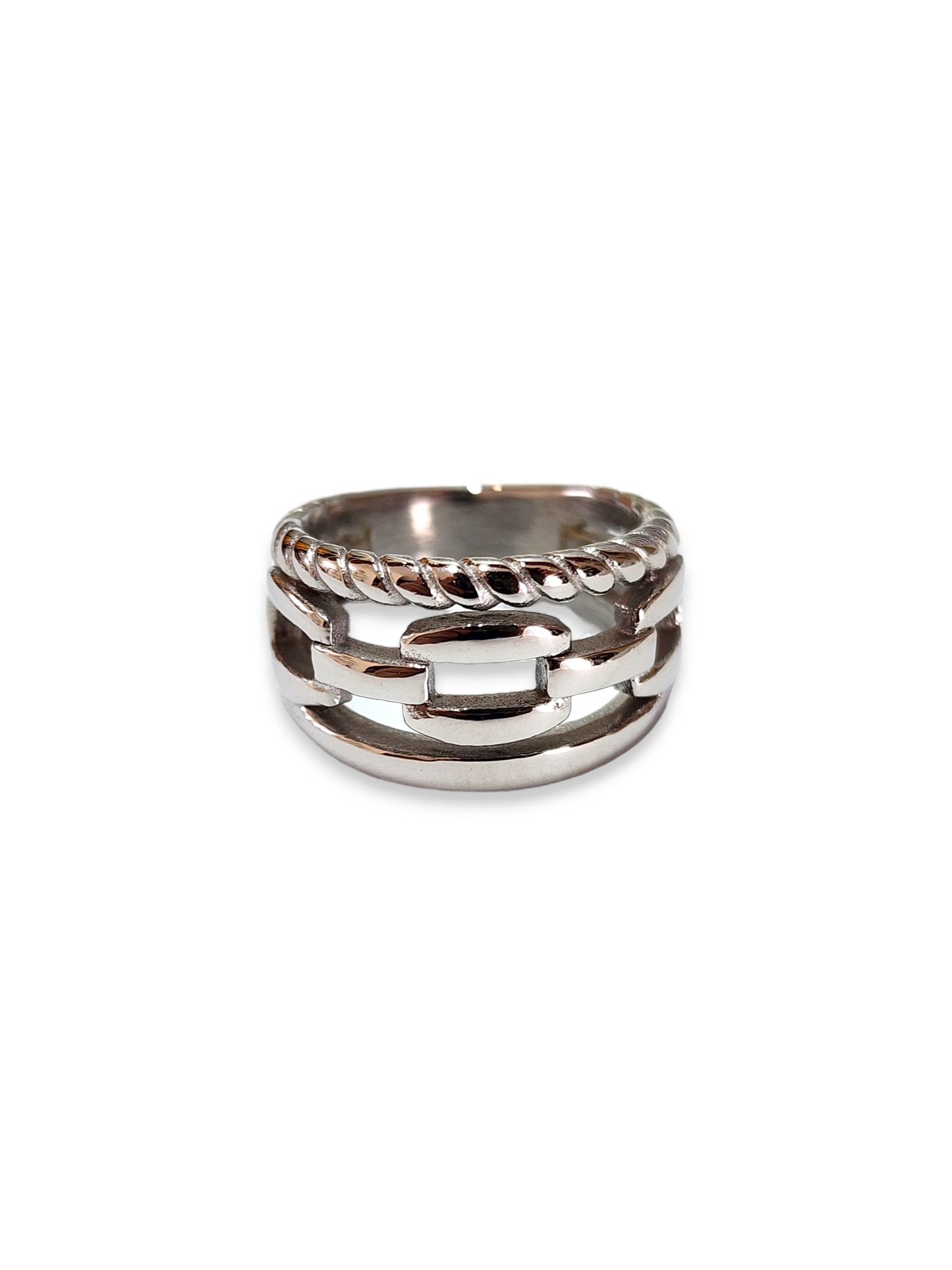 Anillo Eslabones Plateado Acero Inox.