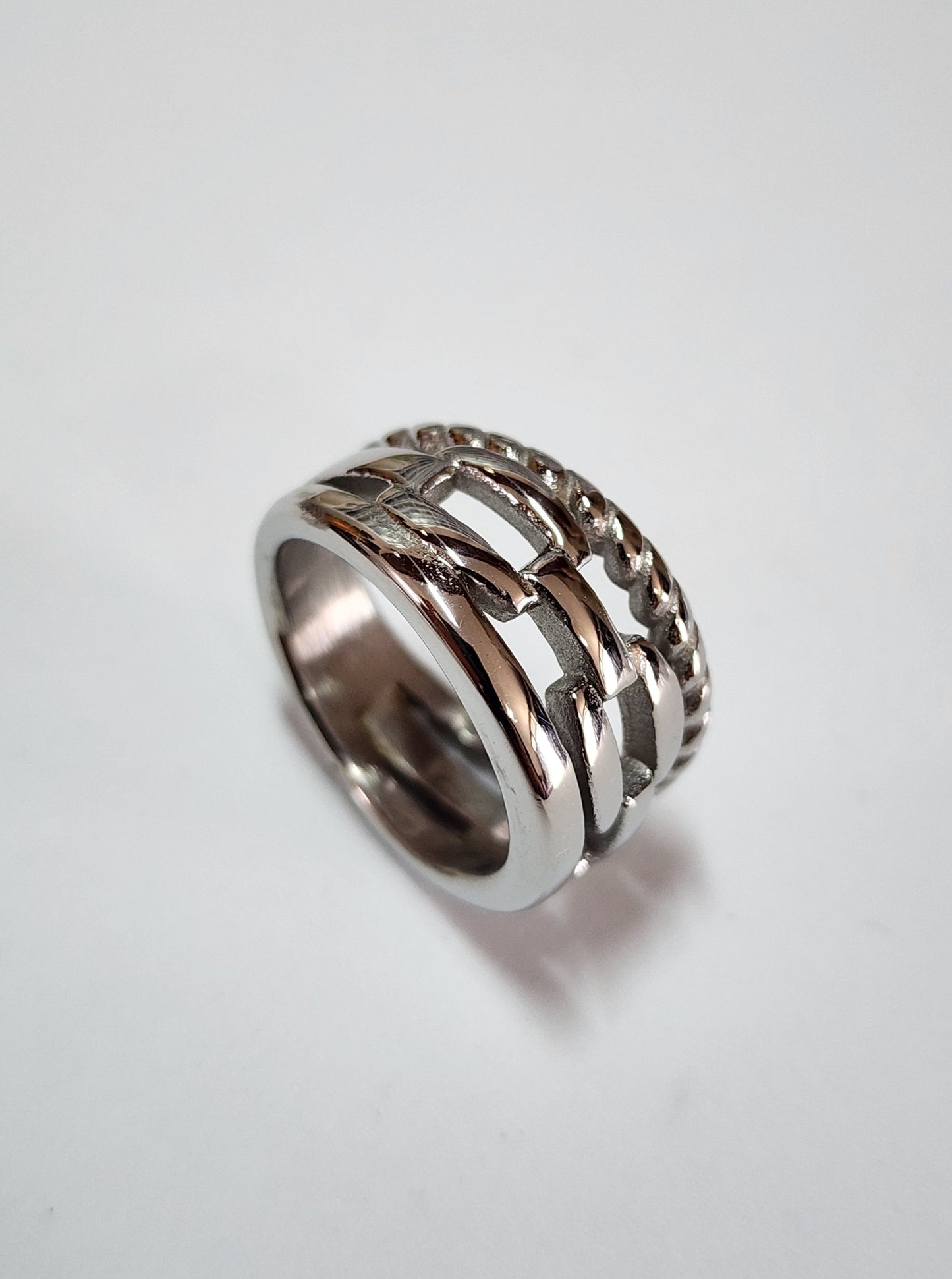 Anillo Eslabones Plateado Acero Inox.