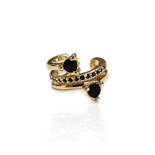 Ear Cuff Dos Zirconias y Línea de Zirconias Color Negro, Chapa de Oro