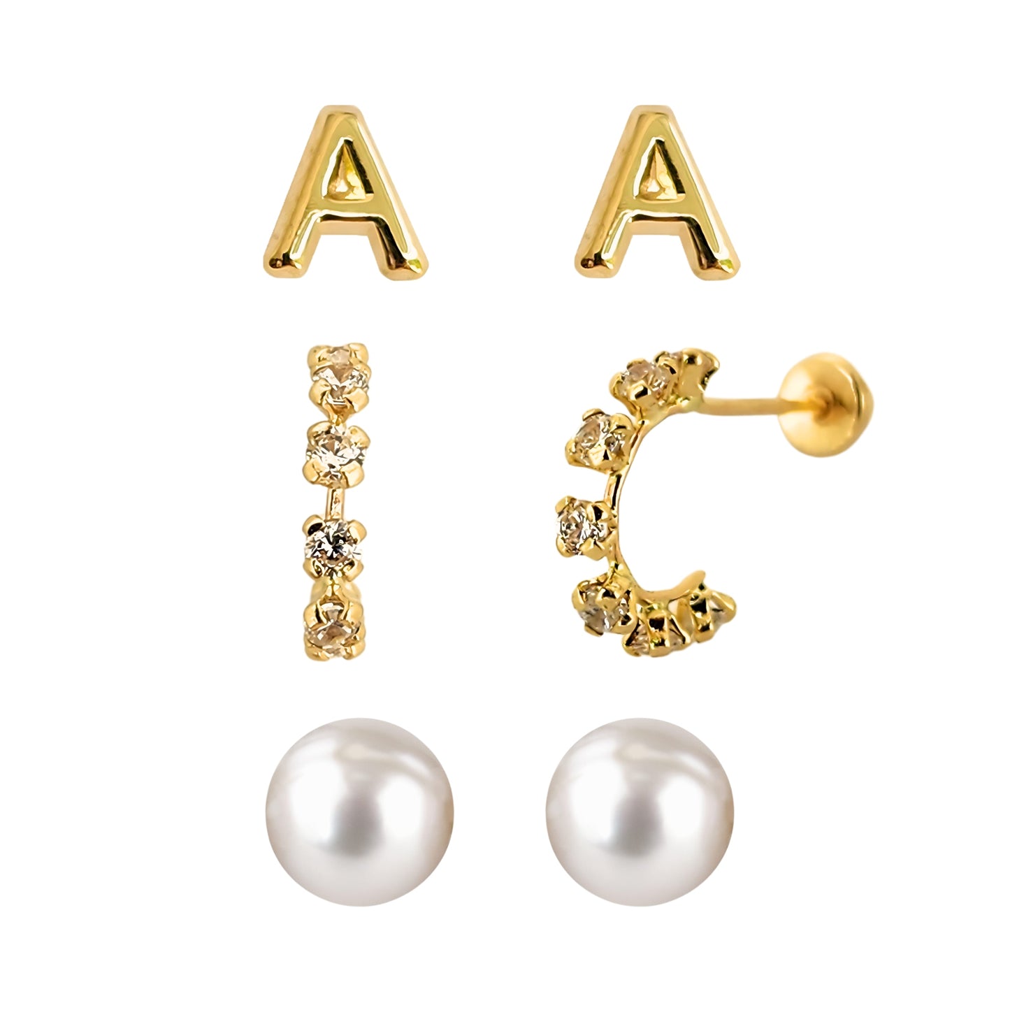 Set de aretes en Oro 10k Perla, Huggie con Zirconias e Inicial Letra Lisa a Elegir