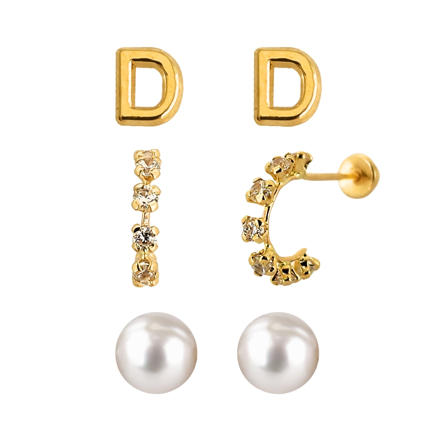 Set de aretes en Oro 10k Perla, Huggie con Zirconias e Inicial Letra Lisa a Elegir