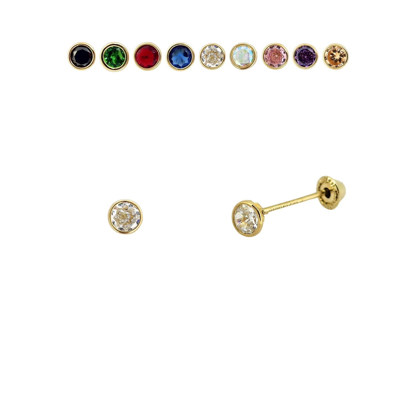 Aretes Oro 10K Broquel Zirconia Bisel 3 mm de Color a Elegir