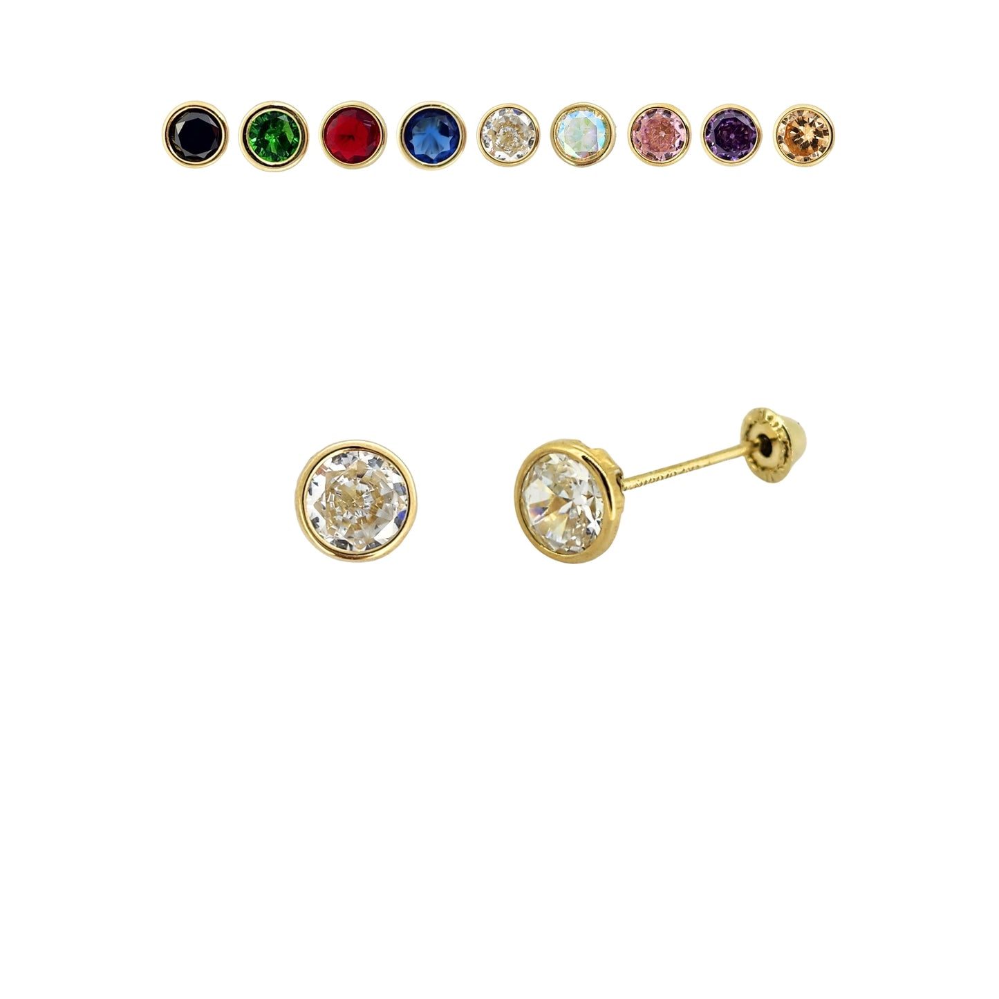 Aretes Oro 10K Broquel Zirconia Bisel 4 mm de Color a Elegir