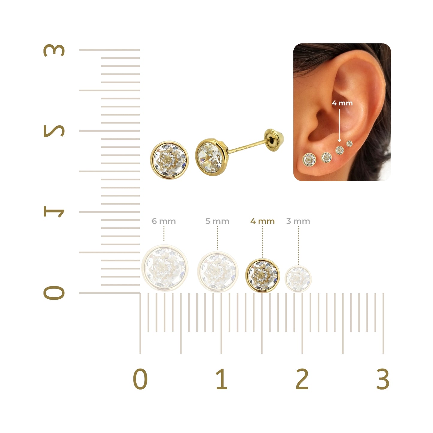 Aretes Oro 10K Broquel Zirconia Bisel 4 mm de Color a Elegir