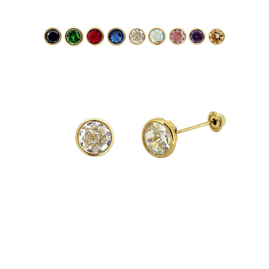 Aretes Oro 10K Broquel Zirconia Bisel 5 mm de Color a Elegir