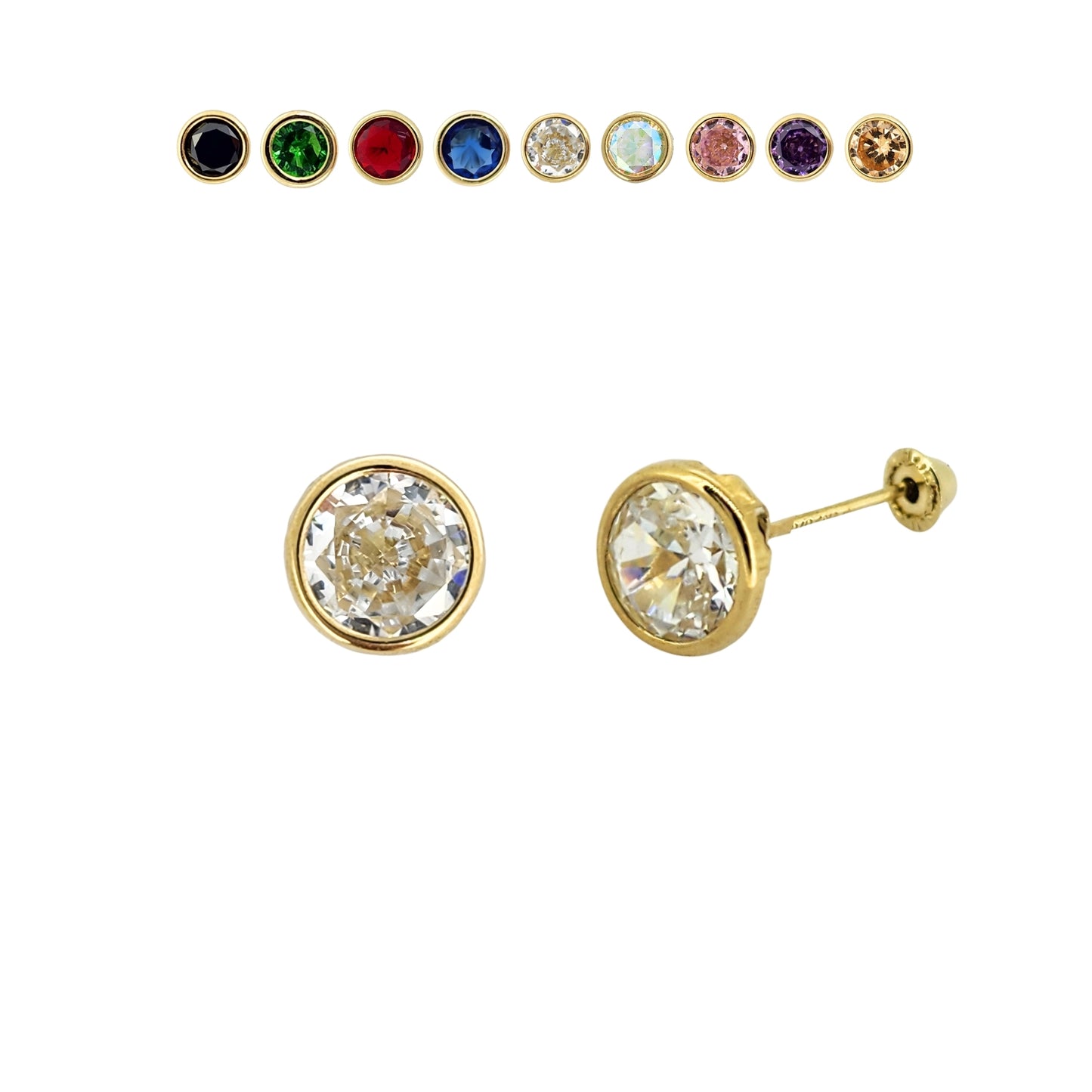 Aretes Oro 10K Broquel Zirconia Bisel 6 mm de Color a Elegir