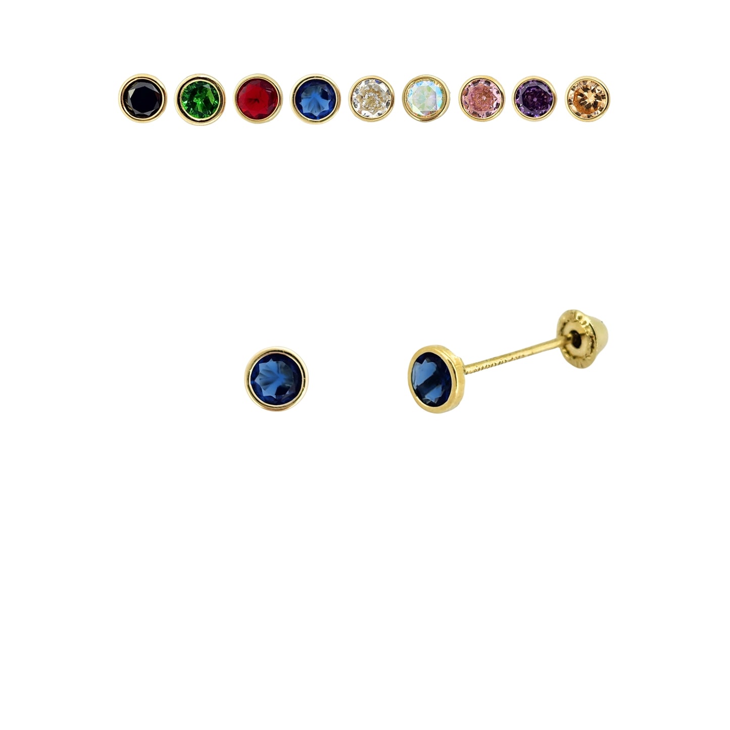 Aretes Oro 10K Broquel Zirconia Bisel 3 mm de Color a Elegir