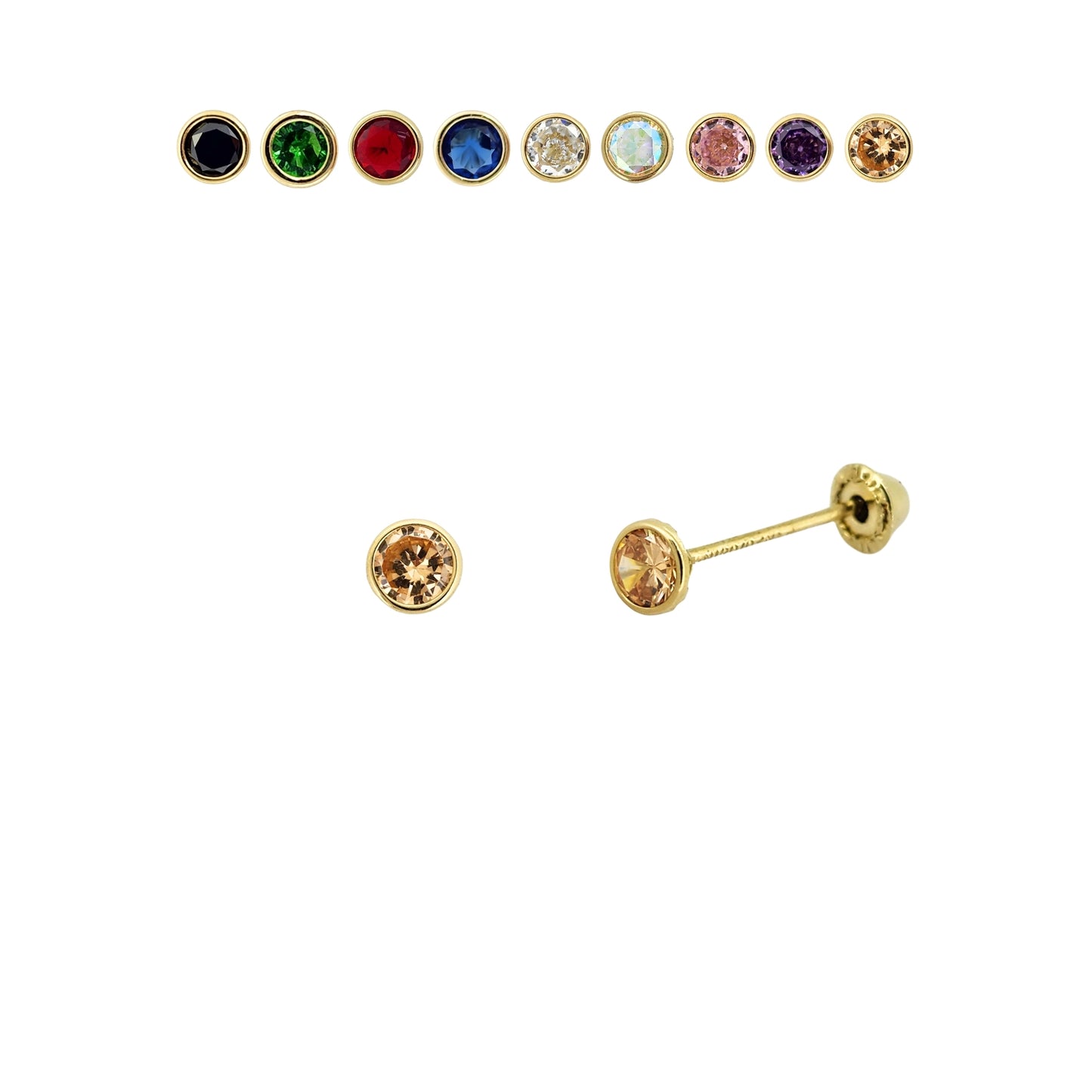 Aretes Oro 10K Broquel Zirconia Bisel 3 mm de Color a Elegir