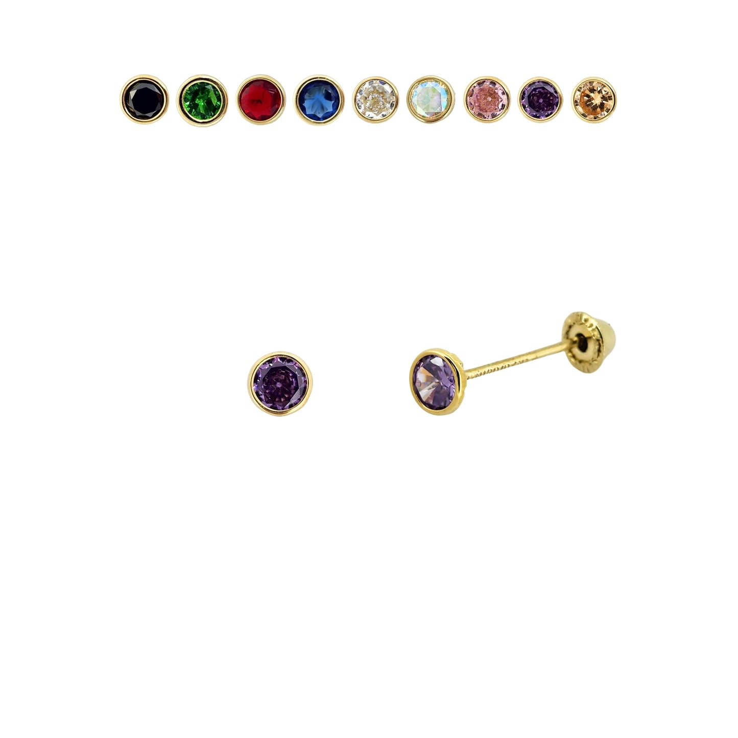 Aretes Oro 10K Broquel Zirconia Bisel 3 mm de Color a Elegir