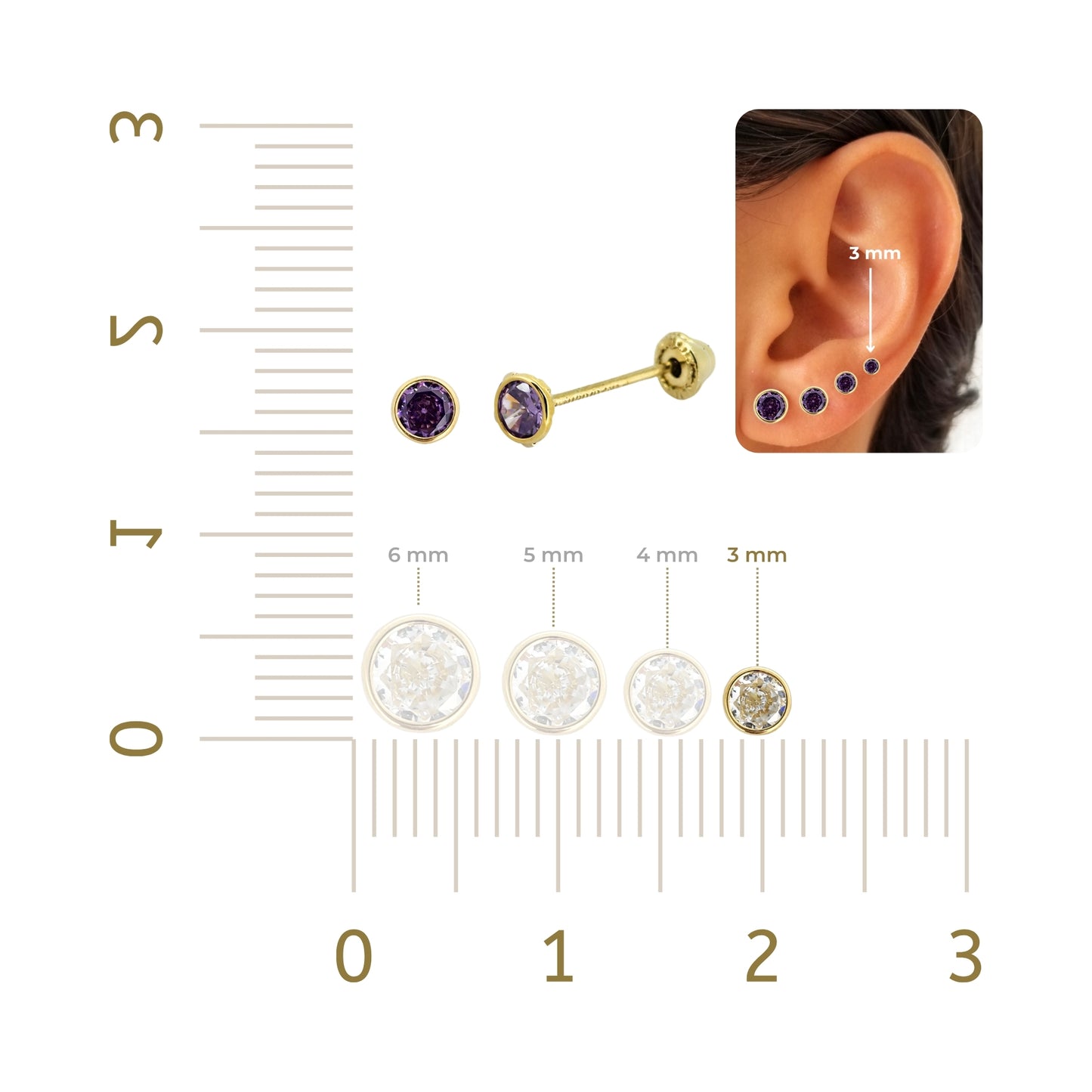 Aretes Oro 10K Broquel Zirconia Bisel 3 mm de Color a Elegir