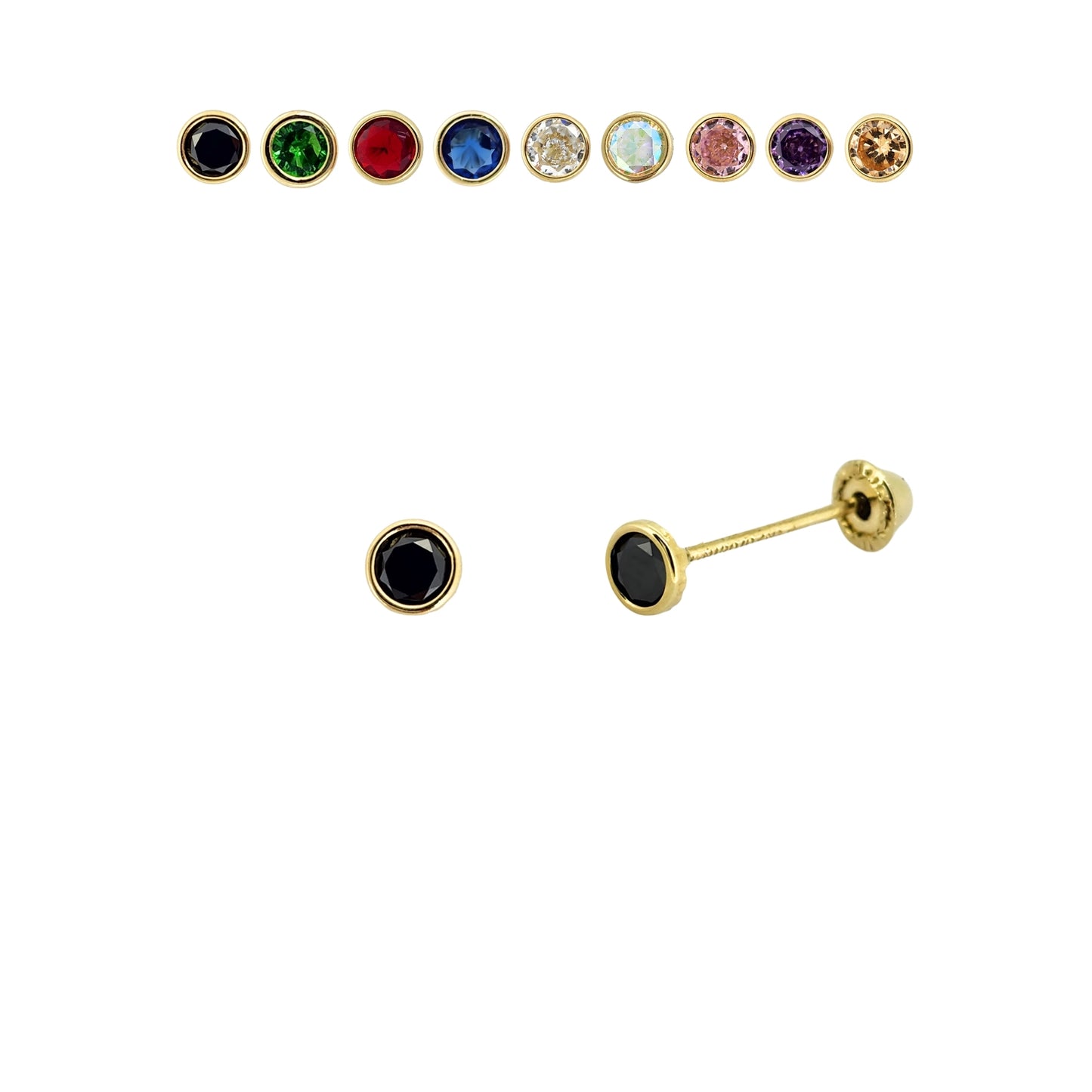 Aretes Oro 10K Broquel Zirconia Bisel 3 mm de Color a Elegir
