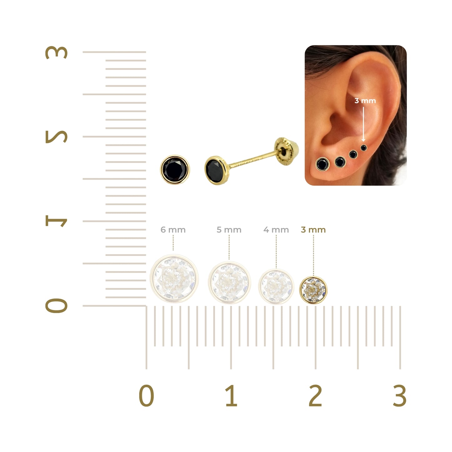 Aretes Oro 10K Broquel Zirconia Bisel 3 mm de Color a Elegir