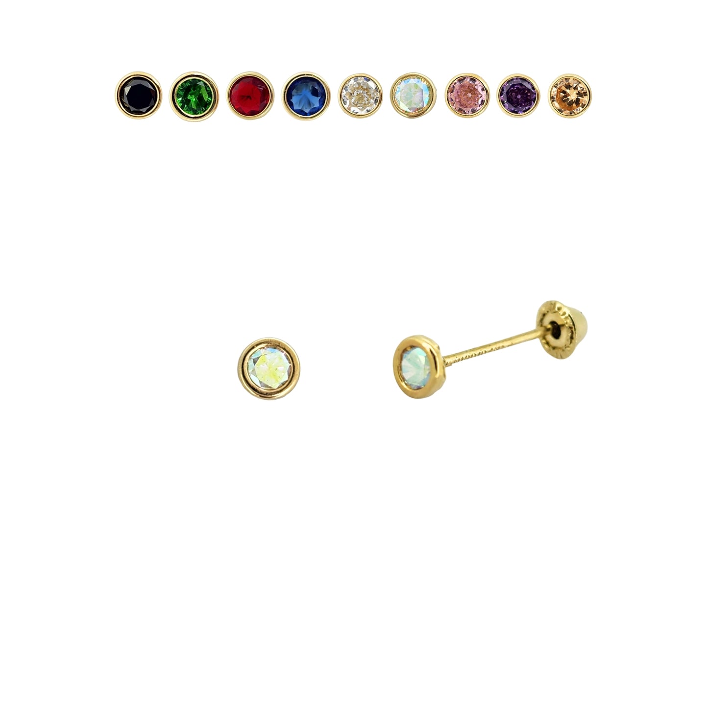 Aretes Oro 10K Broquel Zirconia Bisel 3 mm de Color a Elegir