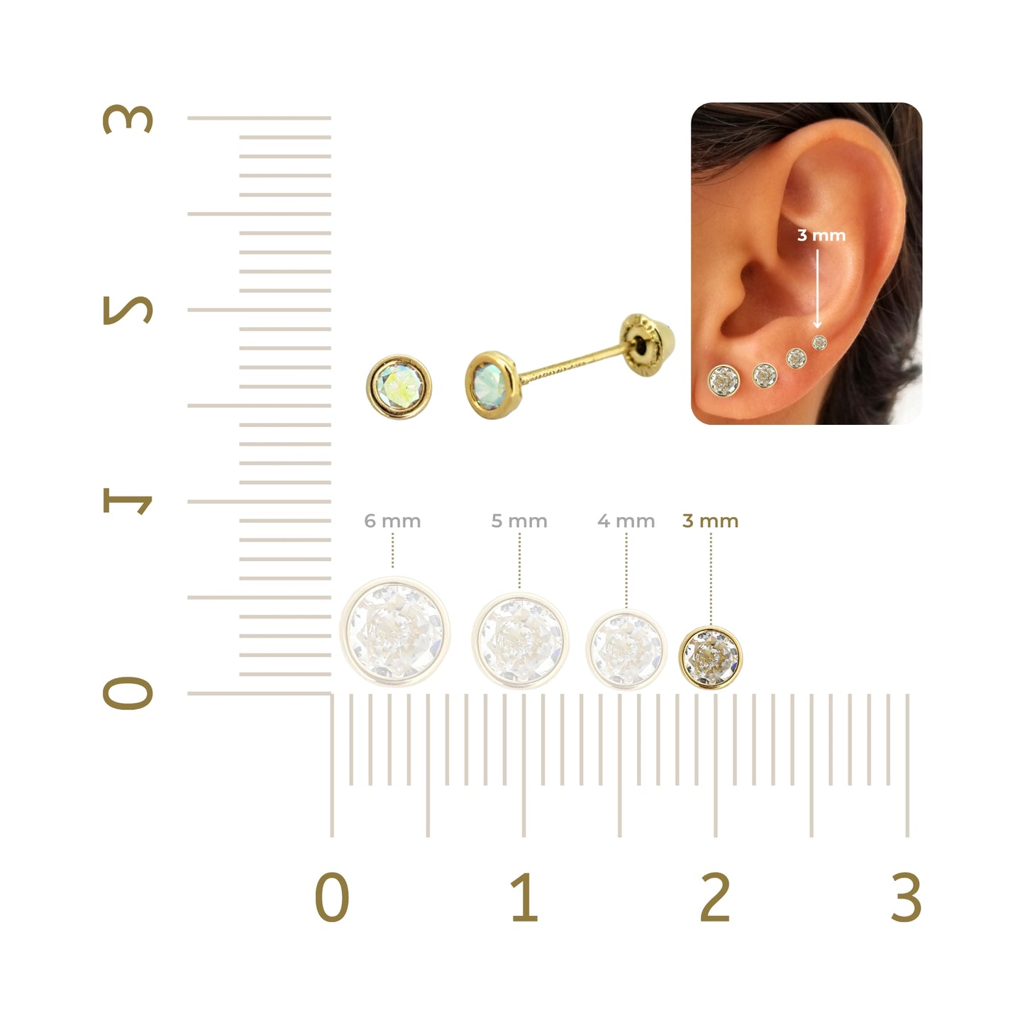 Aretes Oro 10K Broquel Zirconia Bisel 3 mm de Color a Elegir