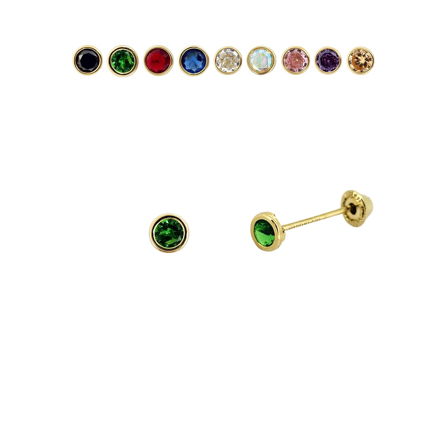 Aretes Oro 10K Broquel Zirconia Bisel 3 mm de Color a Elegir