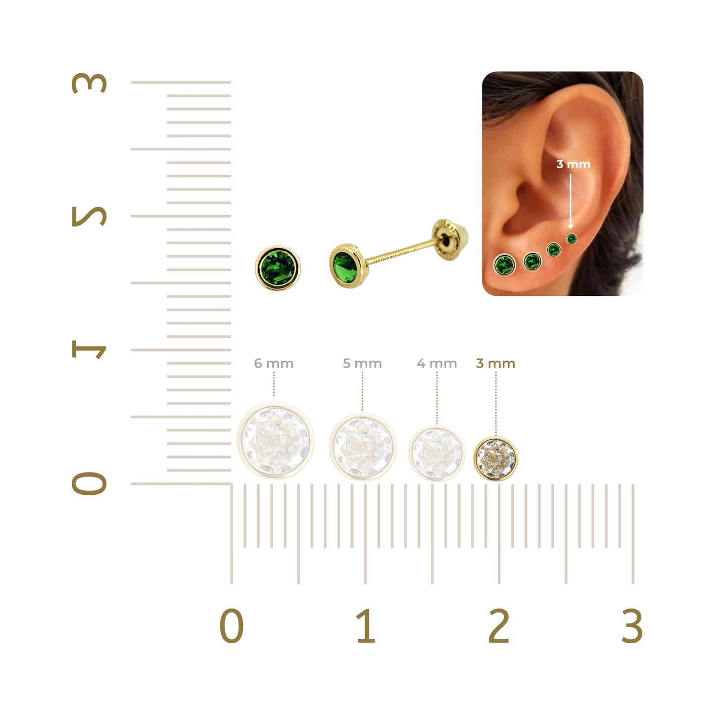 Aretes Oro 10K Broquel Zirconia Bisel 3 mm de Color a Elegir