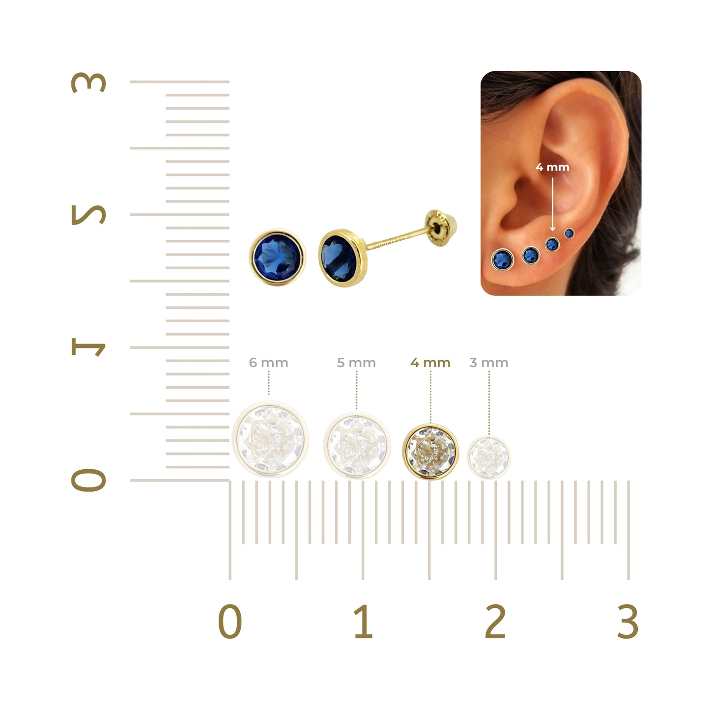 Aretes Oro 10K Broquel Zirconia Bisel 4 mm de Color a Elegir