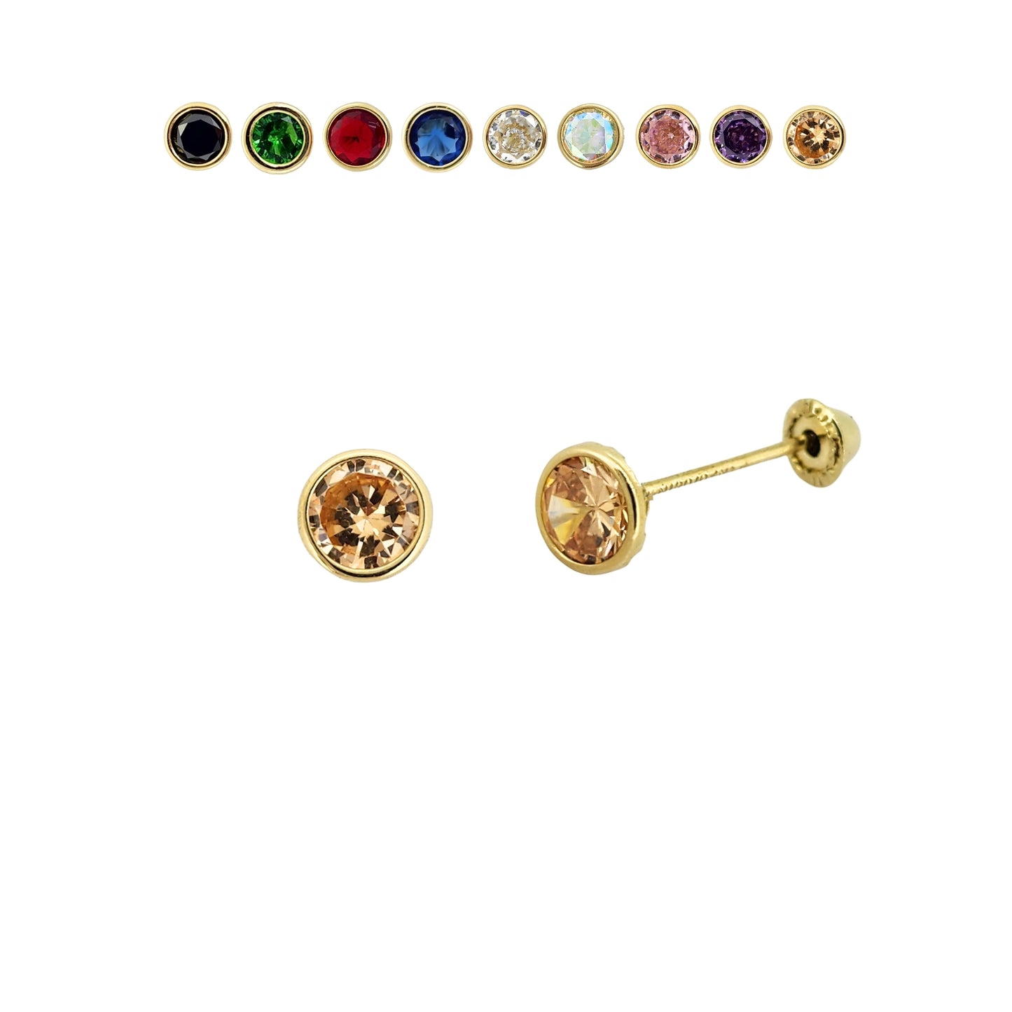 Aretes Oro 10K Broquel Zirconia Bisel 4 mm de Color a Elegir