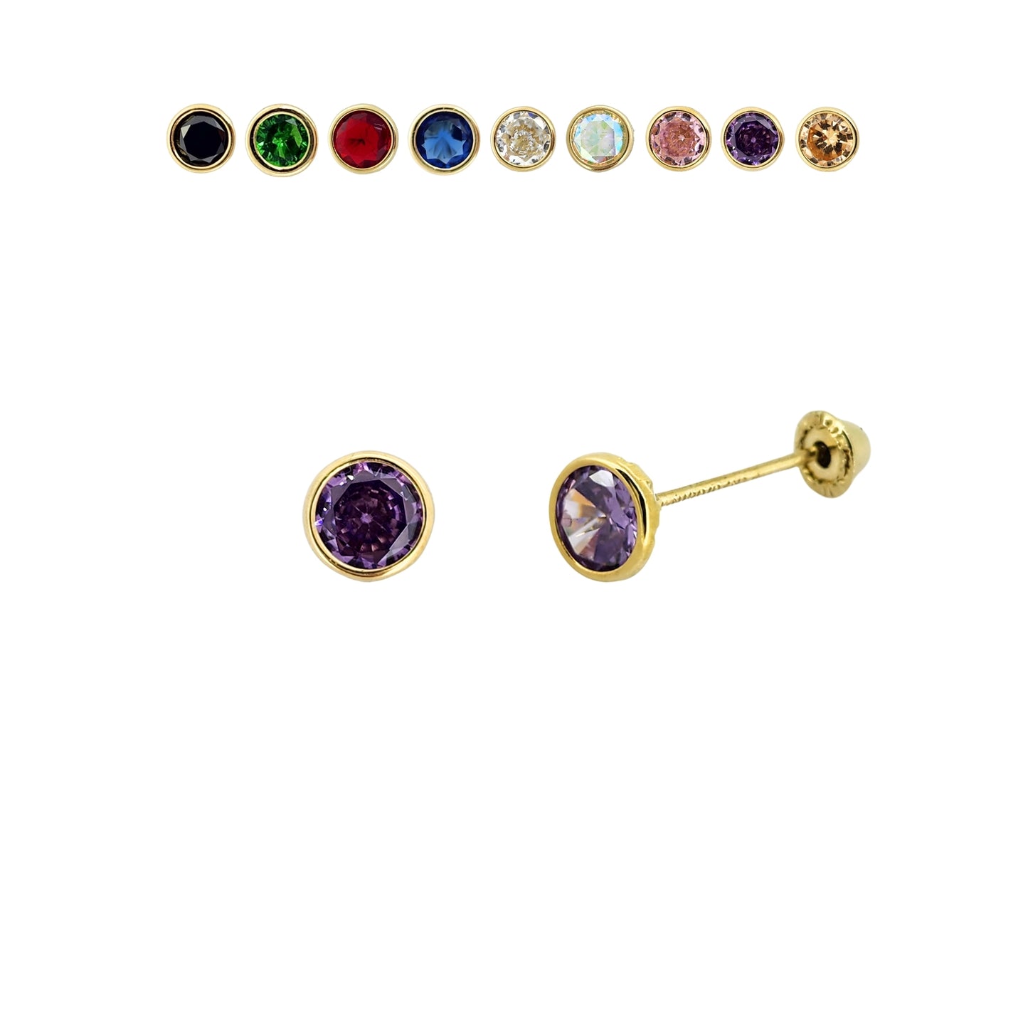 Aretes Oro 10K Broquel Zirconia Bisel 4 mm de Color a Elegir