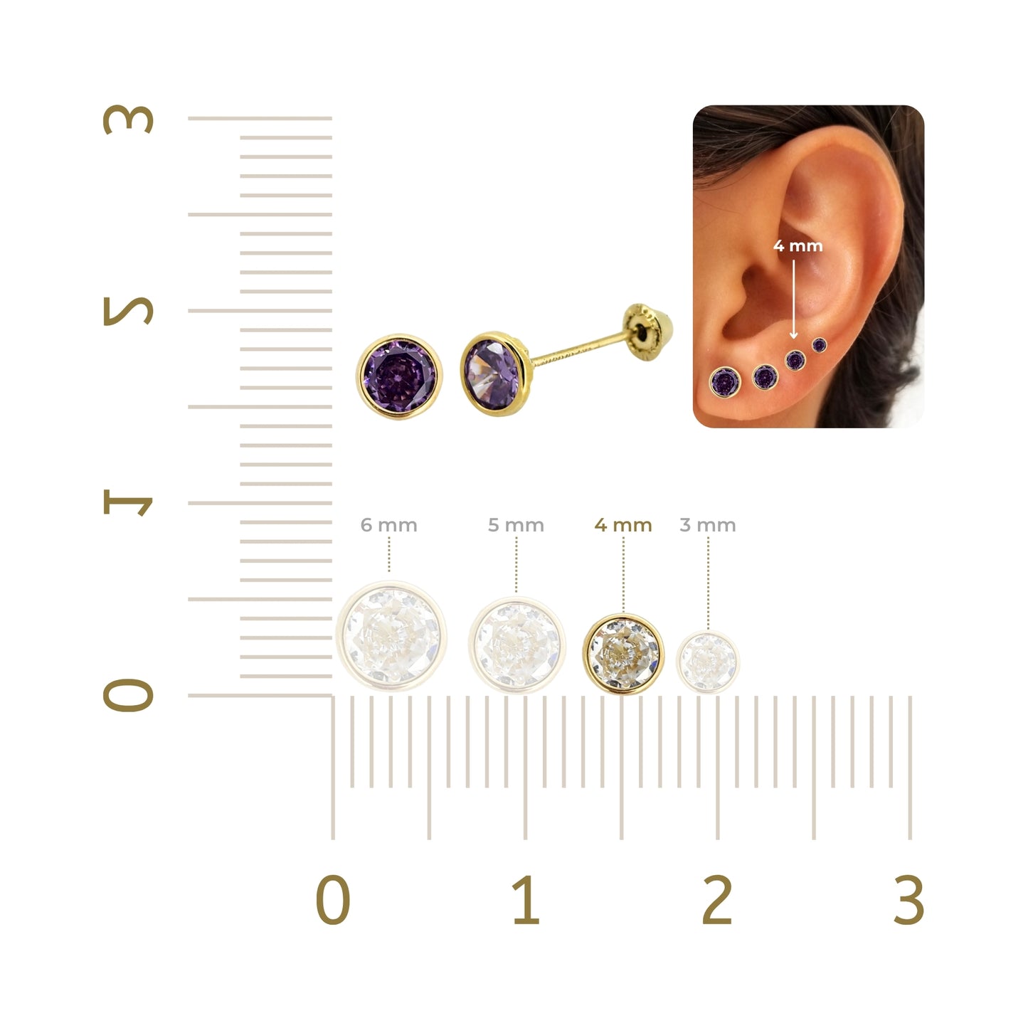 Aretes Oro 10K Broquel Zirconia Bisel 4 mm de Color a Elegir