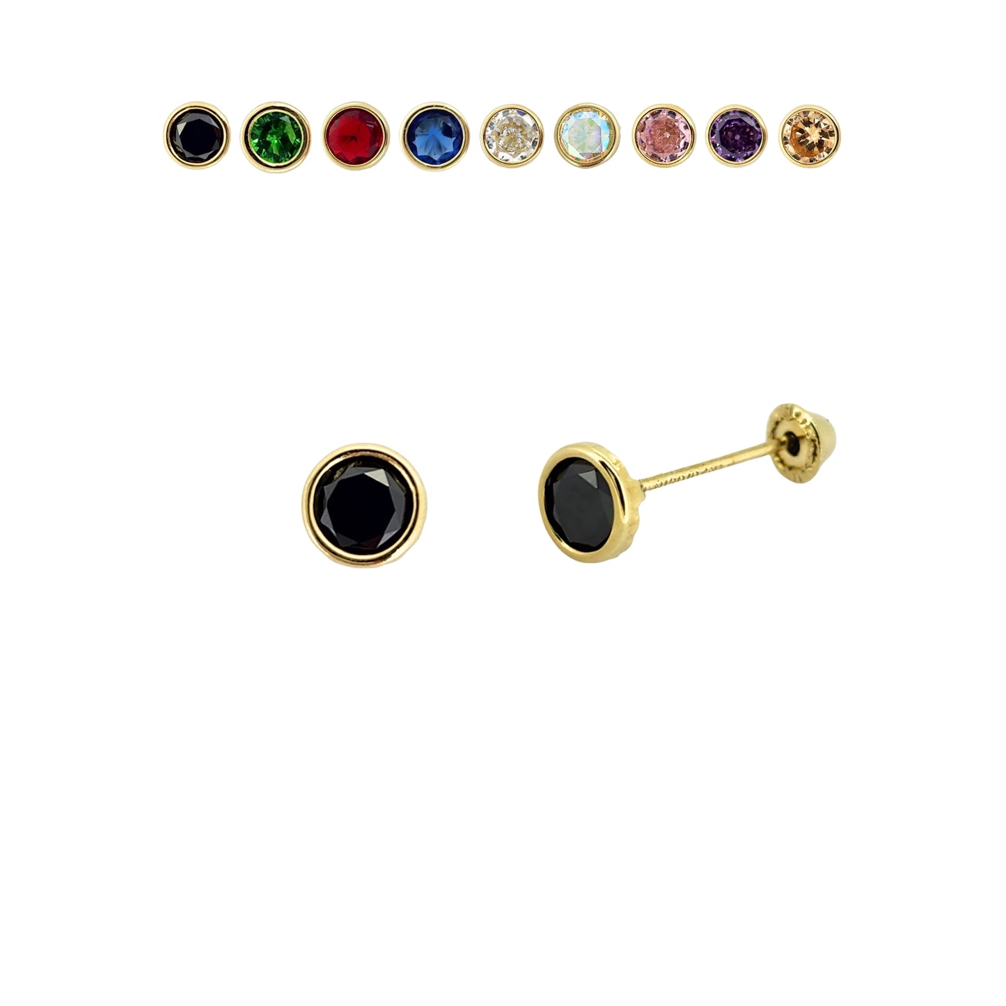 Aretes Oro 10K Broquel Zirconia Bisel 4 mm de Color a Elegir
