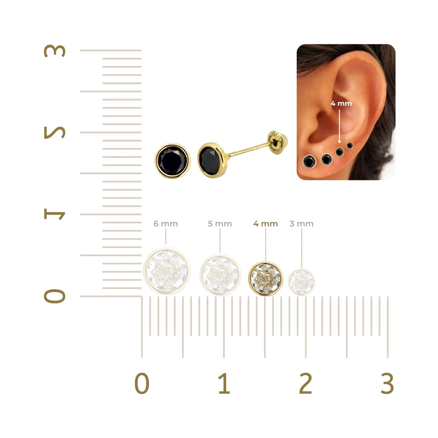 Aretes Oro 10K Broquel Zirconia Bisel 4 mm de Color a Elegir