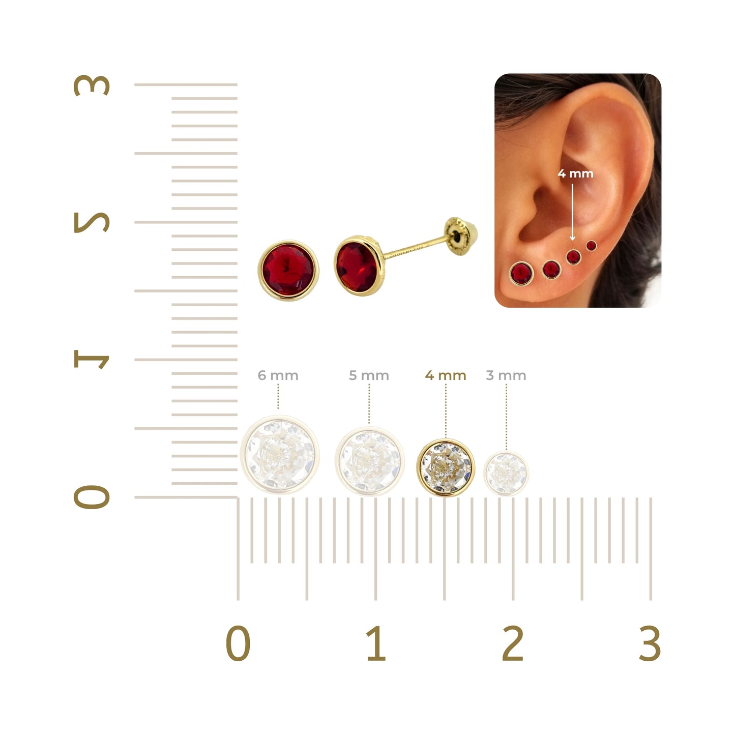 Aretes Oro 10K Broquel Zirconia Bisel 4 mm de Color a Elegir