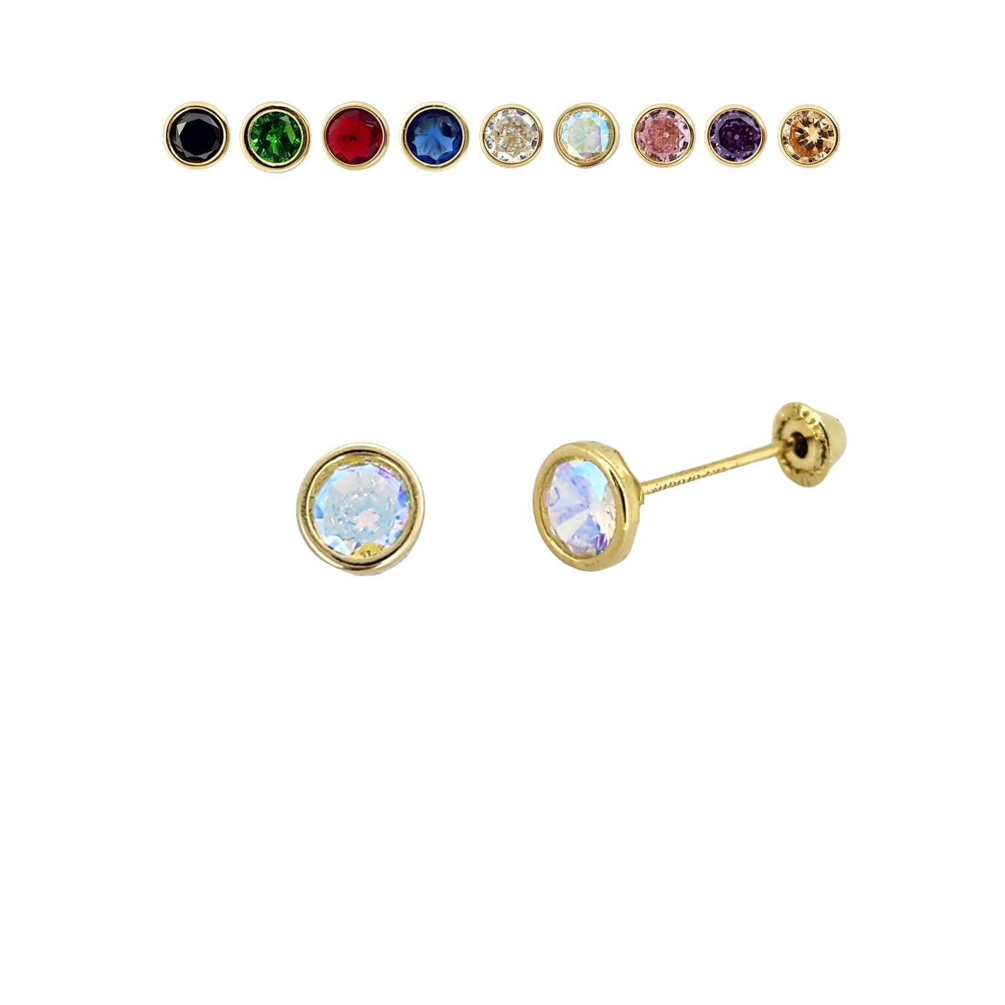 Aretes Oro 10K Broquel Zirconia Bisel 4 mm de Color a Elegir