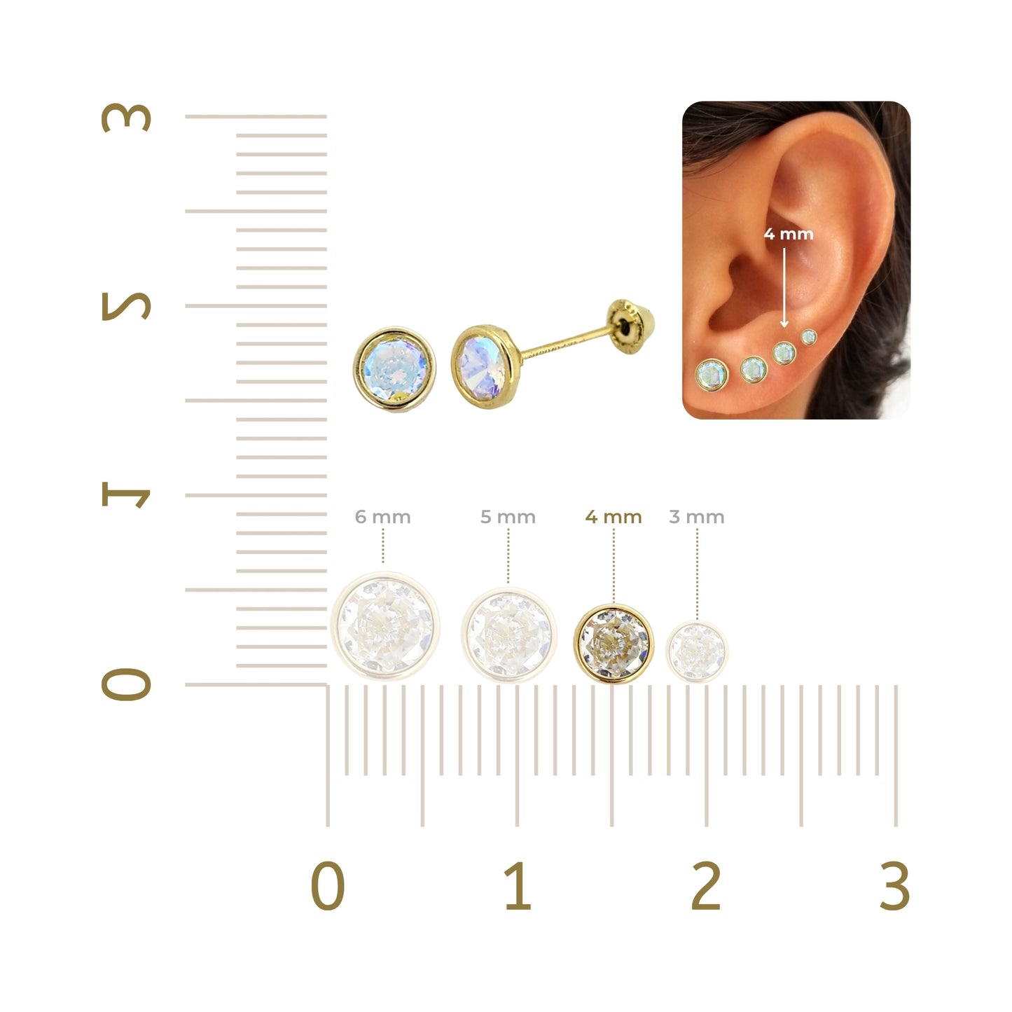 Aretes Oro 10K Broquel Zirconia Bisel 4 mm de Color a Elegir