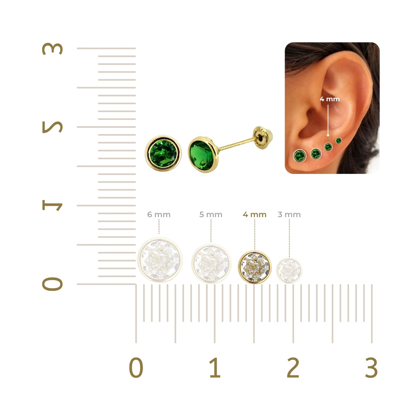 Aretes Oro 10K Broquel Zirconia Bisel 4 mm de Color a Elegir