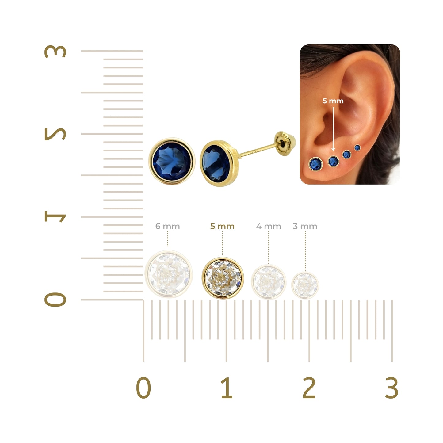 Aretes Oro 10K Broquel Zirconia Bisel 5 mm de Color a Elegir