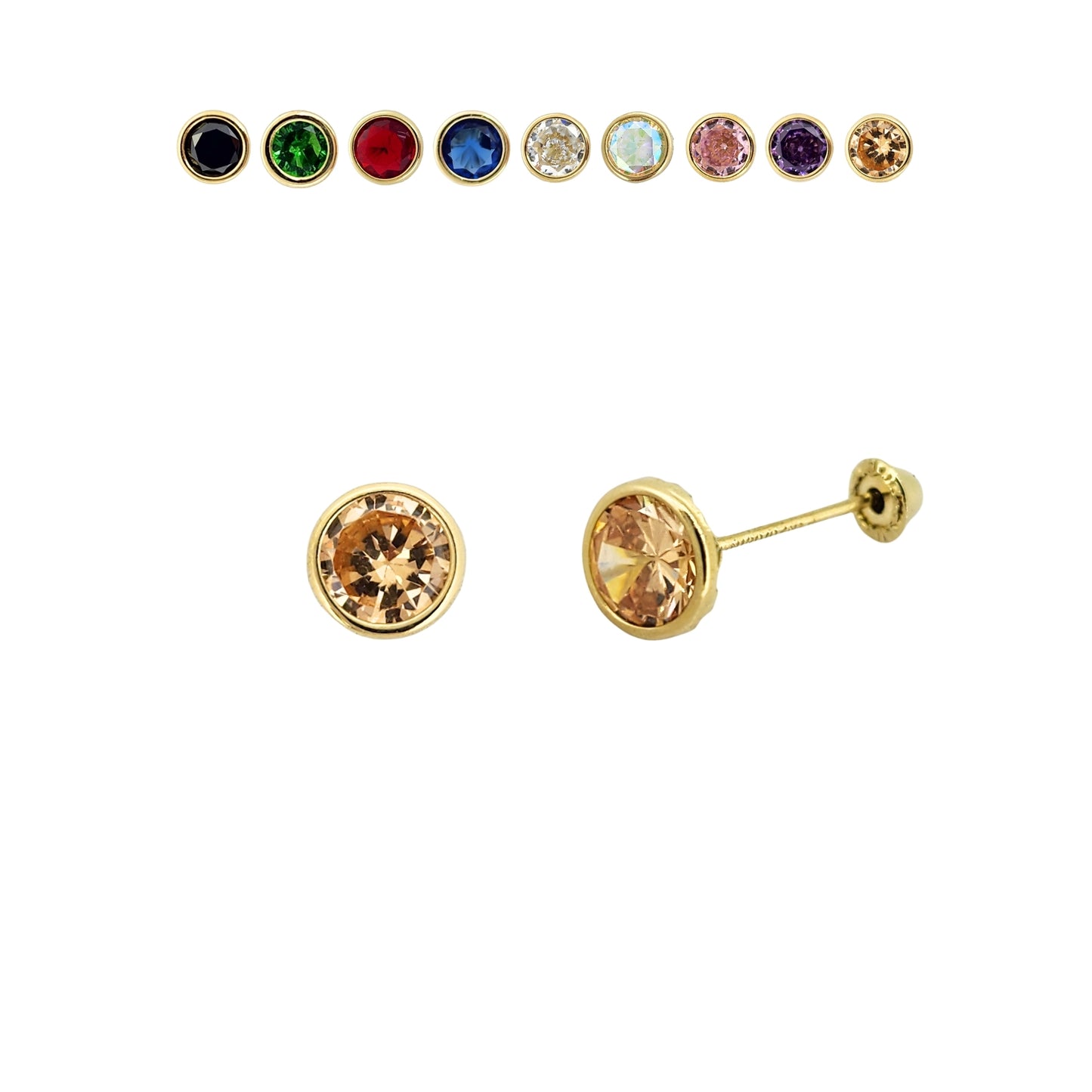 Aretes Oro 10K Broquel Zirconia Bisel 5 mm de Color a Elegir
