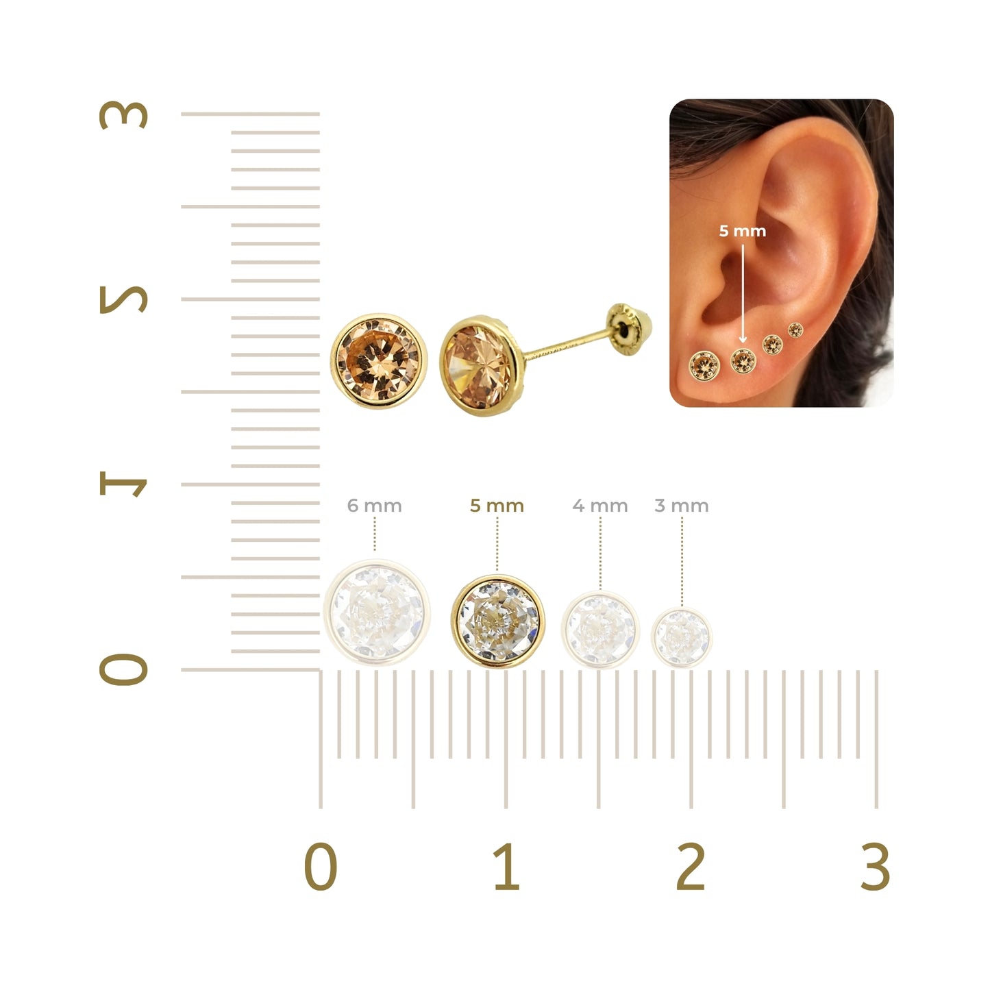 Aretes Oro 10K Broquel Zirconia Bisel 5 mm de Color a Elegir