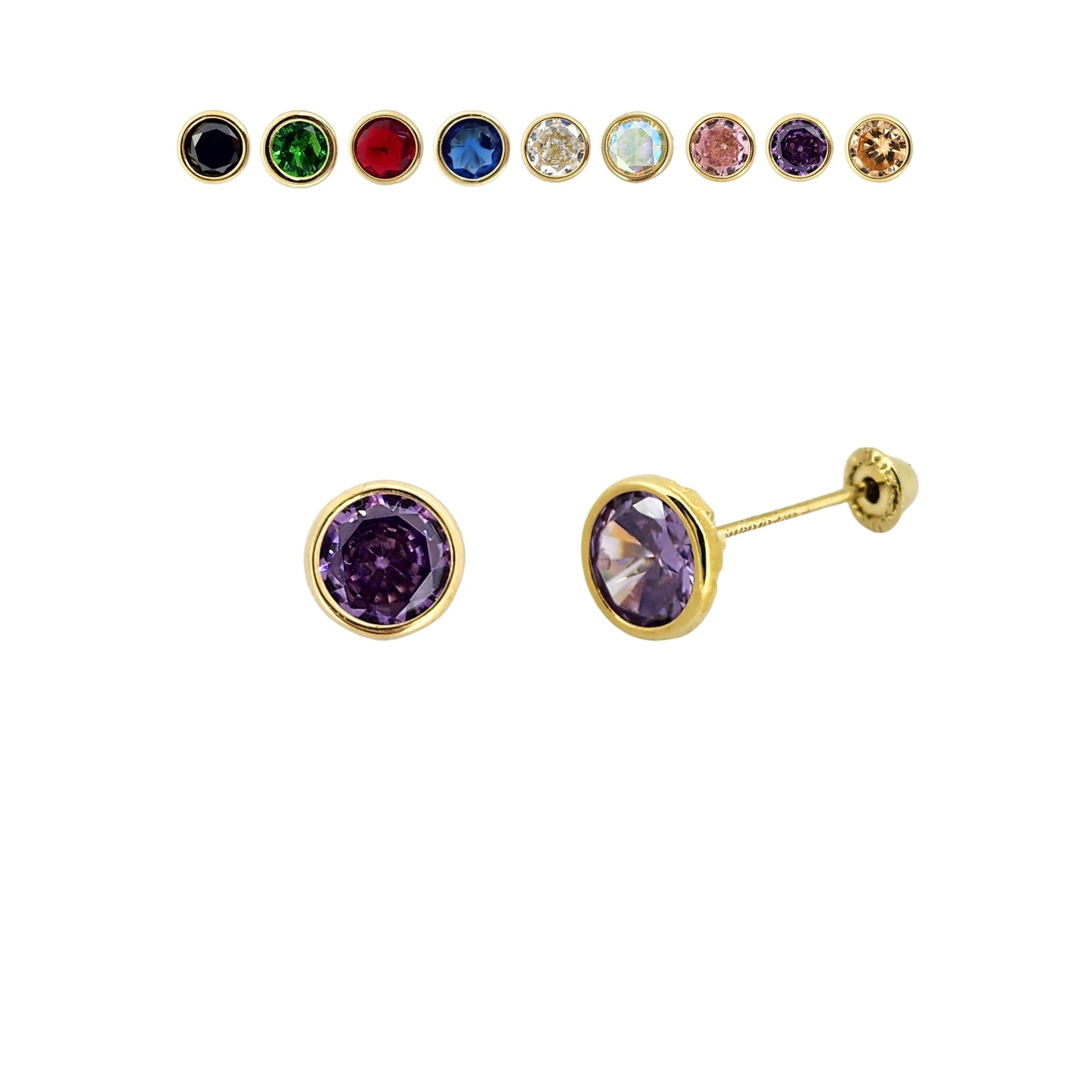 Aretes Oro 10K Broquel Zirconia Bisel 5 mm de Color a Elegir