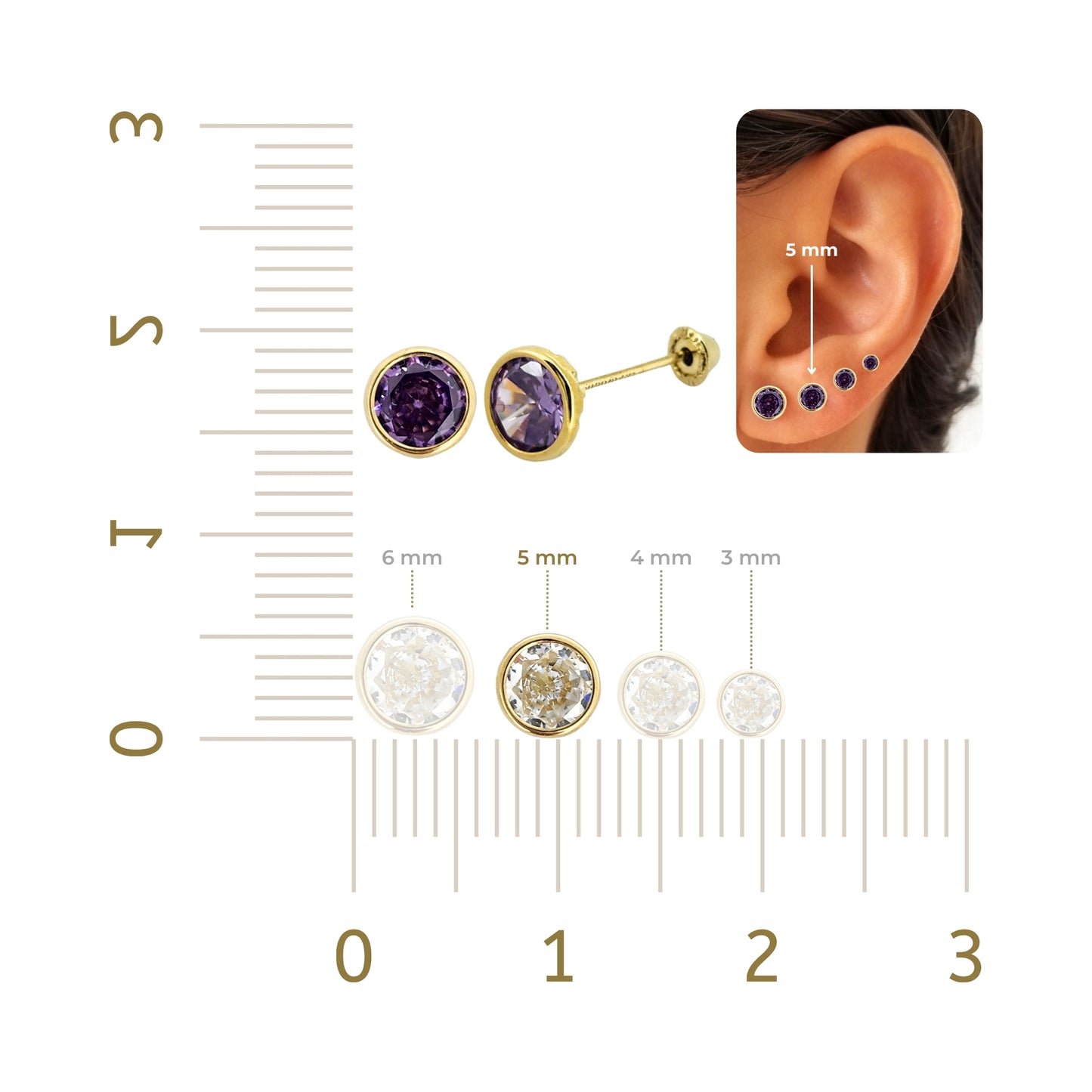 Aretes Oro 10K Broquel Zirconia Bisel 5 mm de Color a Elegir