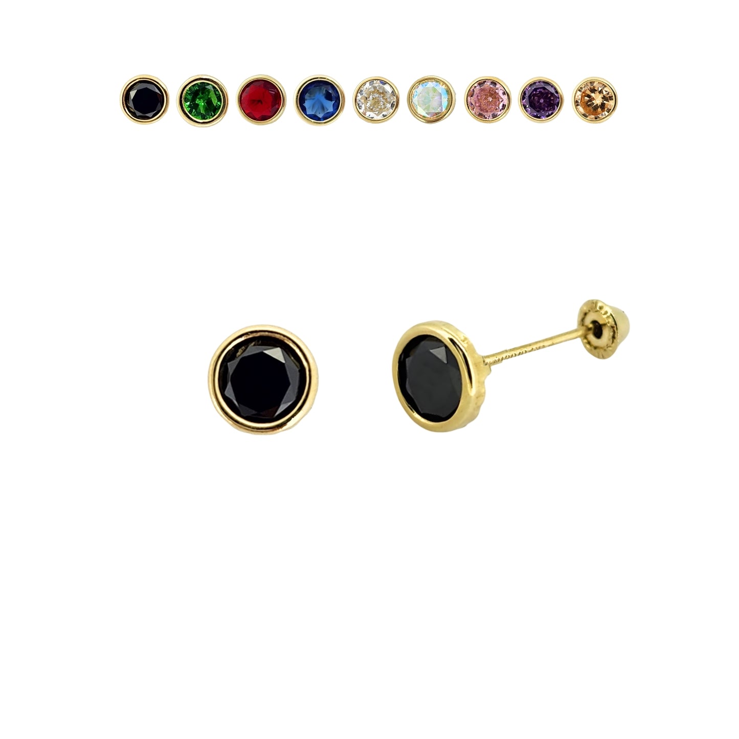 Aretes Oro 10K Broquel Zirconia Bisel 5 mm de Color a Elegir