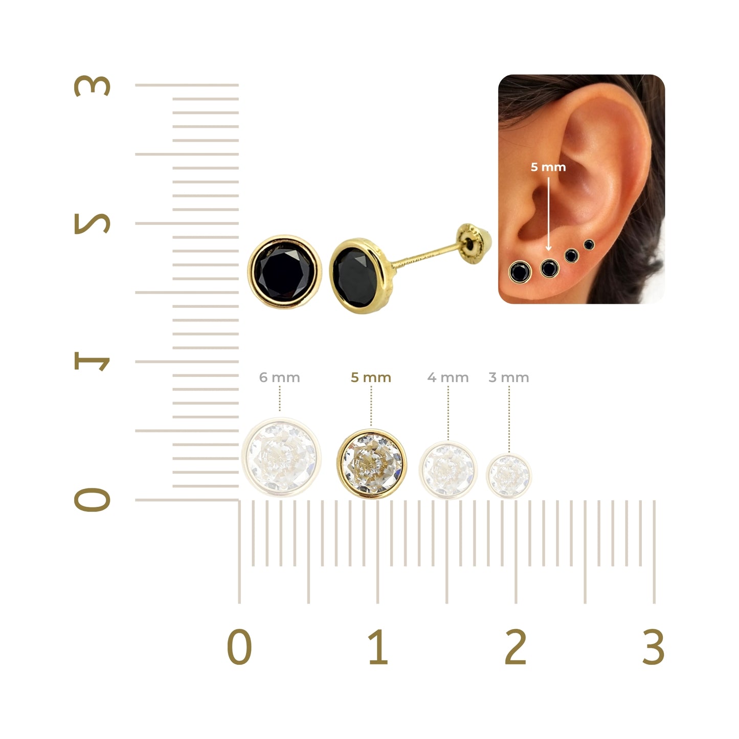 Aretes Oro 10K Broquel Zirconia Bisel 5 mm de Color a Elegir